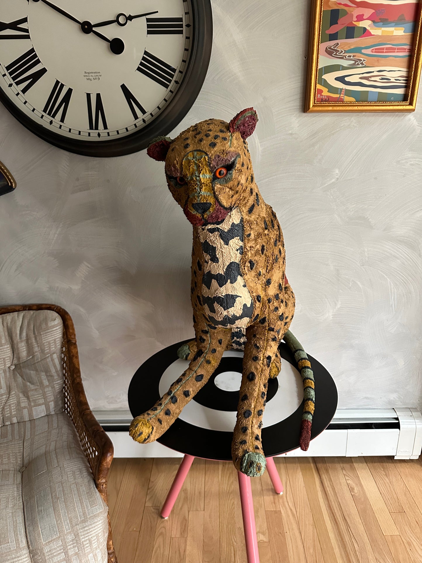 Hand painted large Cheetah stuffed animal sculpture by Russ Rubin - front view
