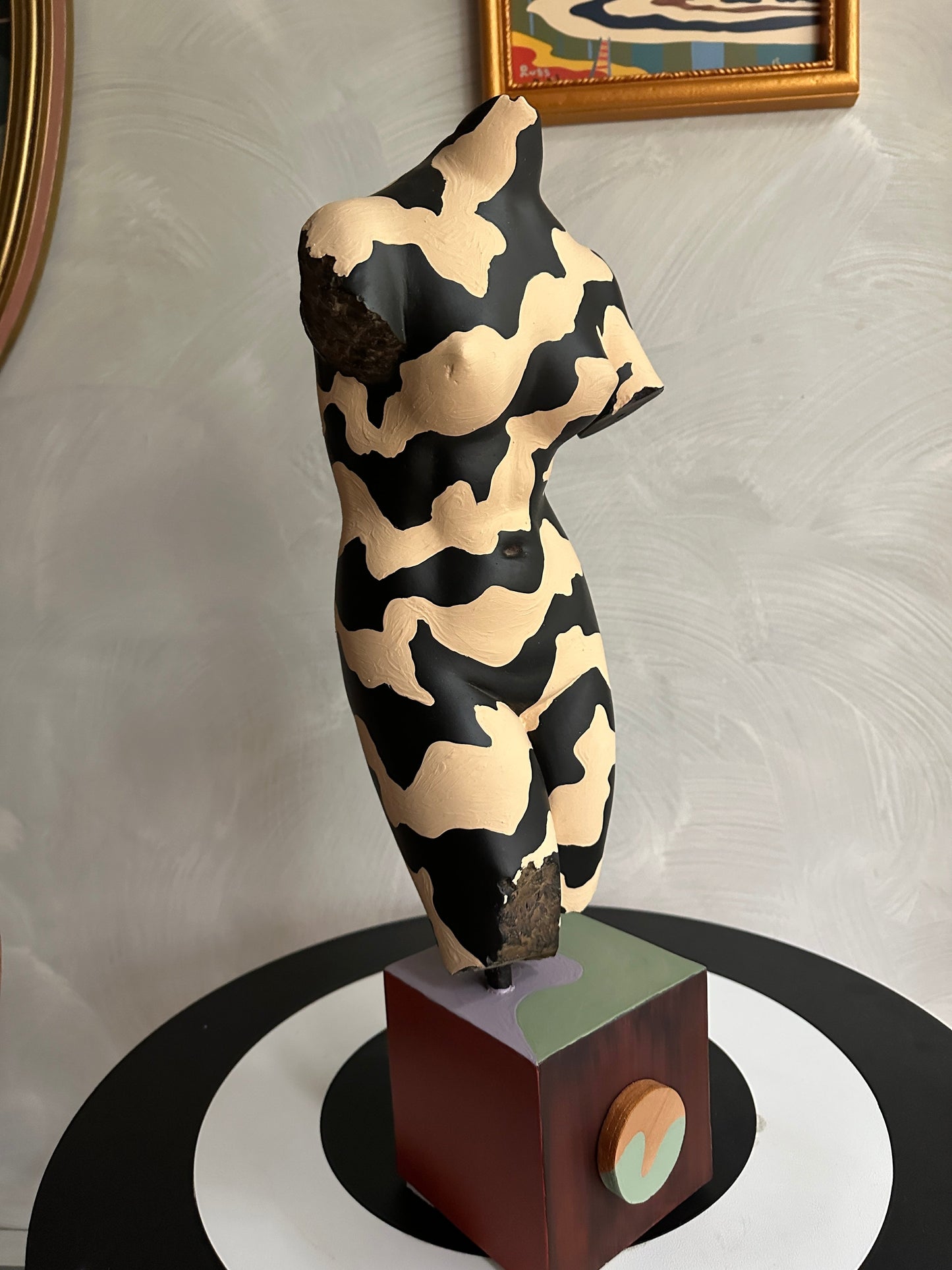 Hand painted female torso sculpture by Russ Rubin - angle view