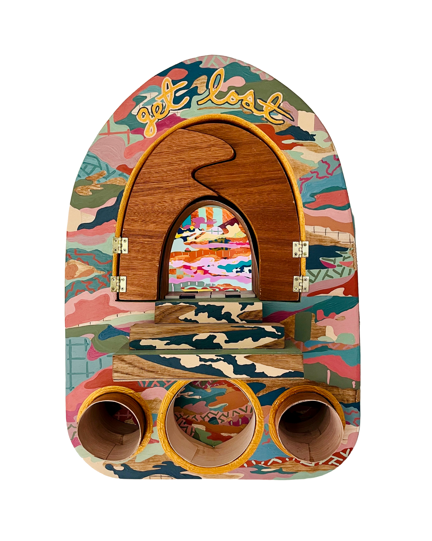 Painted wood multimedia construction with arched digital screen and wood doors and inset round areas by Russ Rubin
