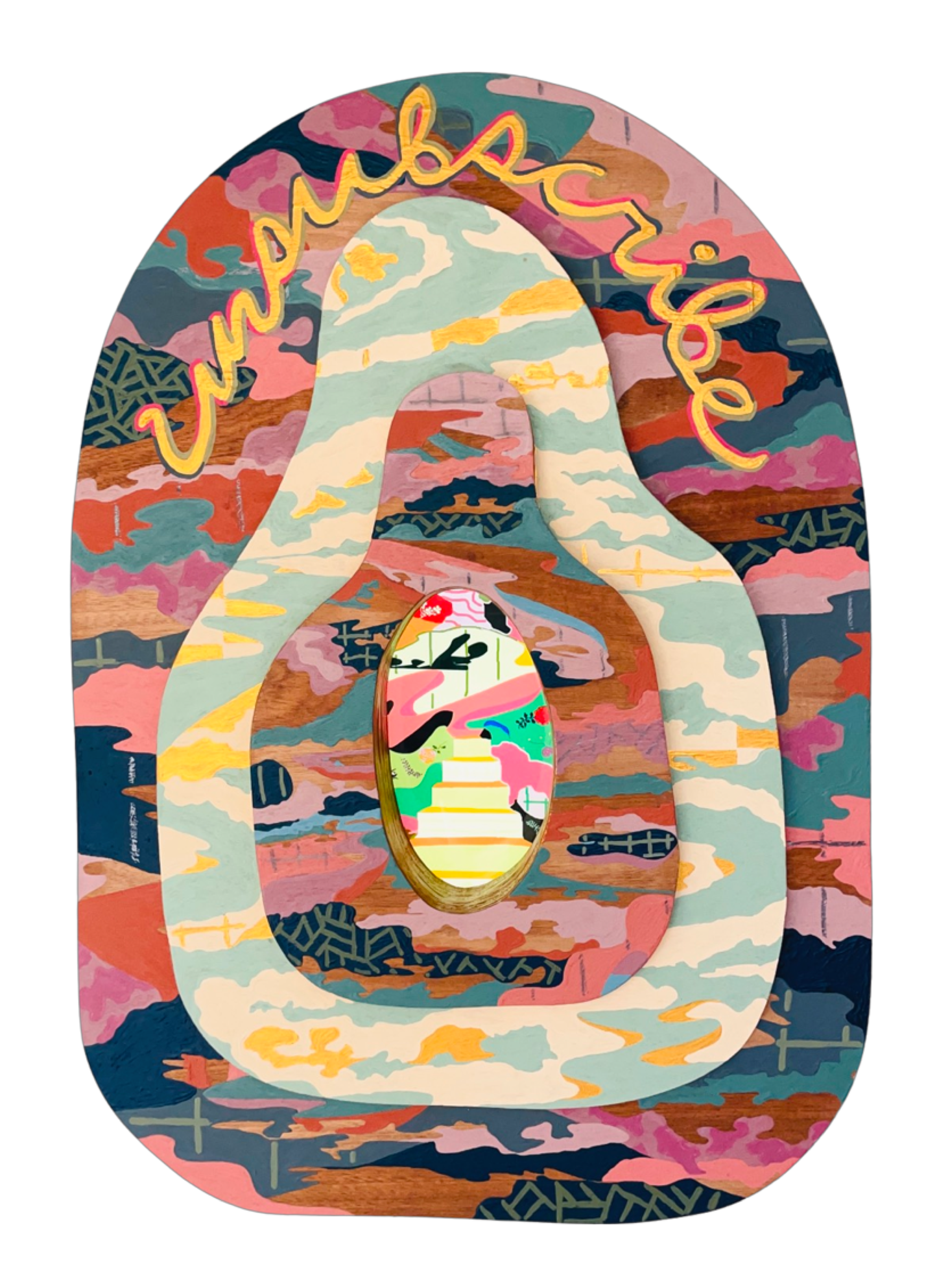 Painted wood multimedia construction with digital inset oval screen by Russ Rubin