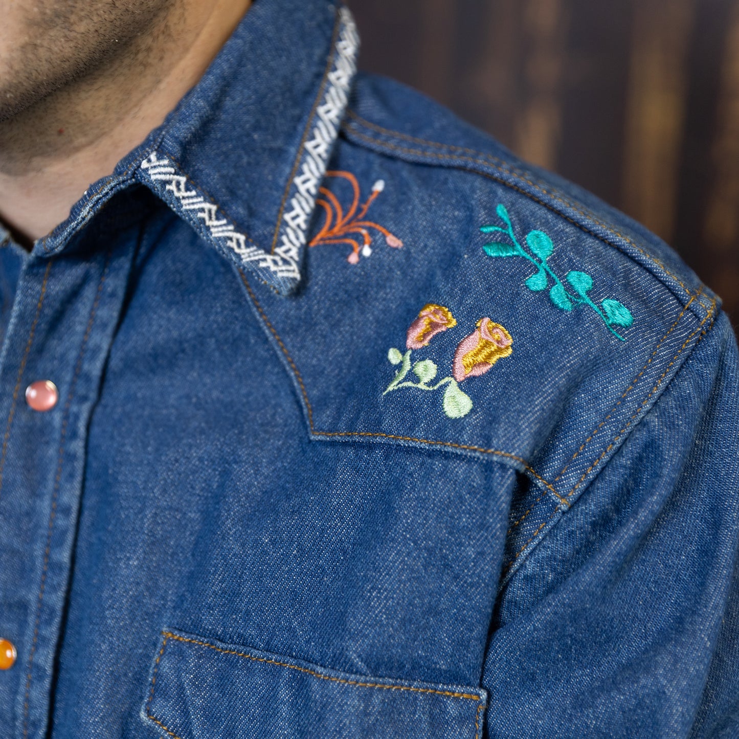 Your Flowers Denim Shirt shoulder detail on model