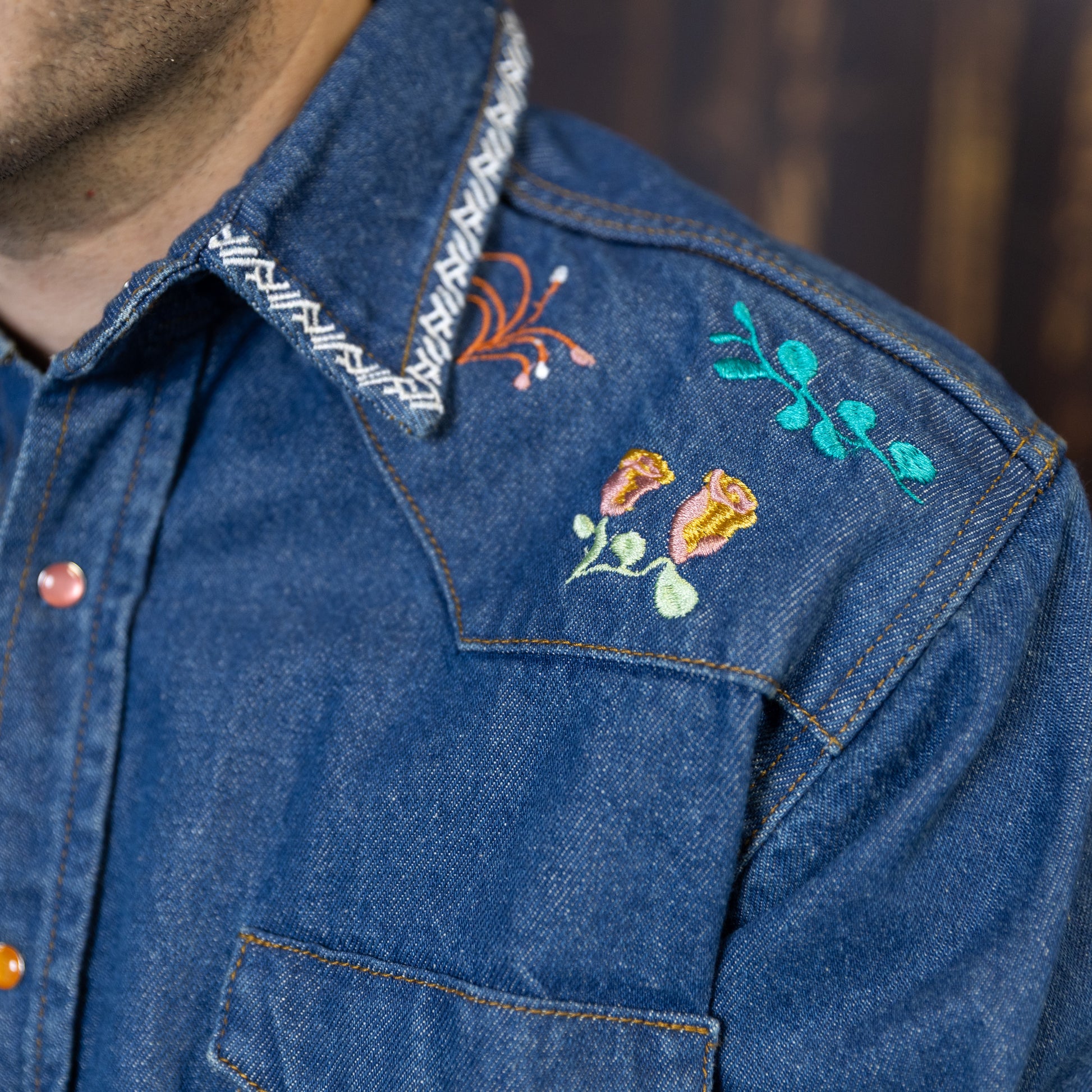 Your Flowers Denim Shirt shoulder detail on model