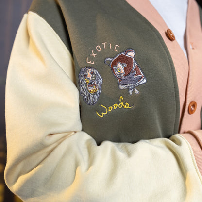 Bear+Lion Jersey Cardigan embroidery detail on model