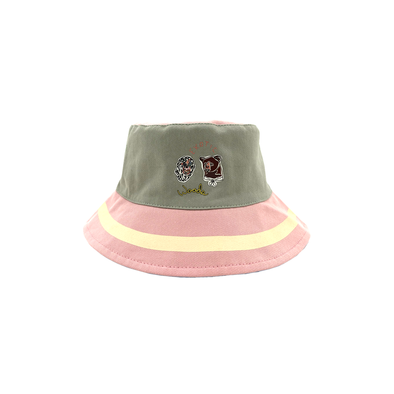 Be Out Bucket Hat front view on pink and green side