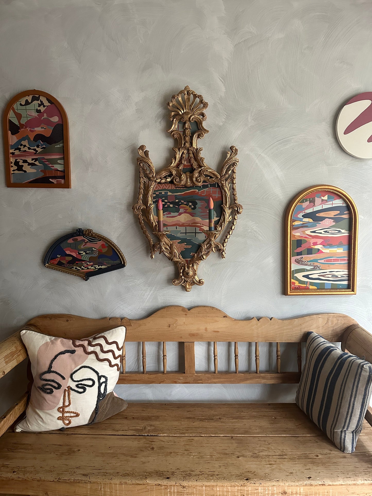 Abstract landscape painting on wood in vintage candelabra frame by Russ Rubin - front view on wall with other art