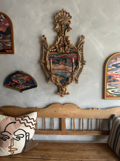 Abstract landscape painting on wood in vintage candelabra frame by Russ Rubin - front view on wall with other art