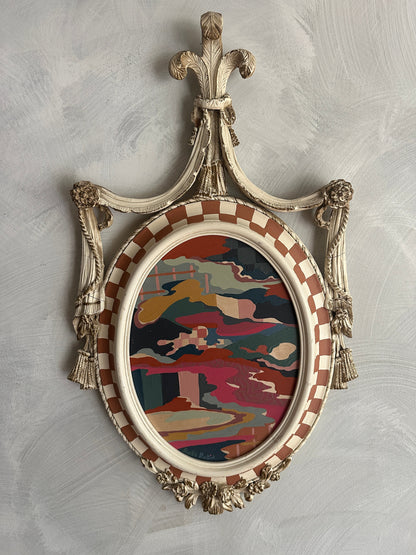 Abstract landscape painting on wood in vintage frame by Russ Rubin - front view on wall 