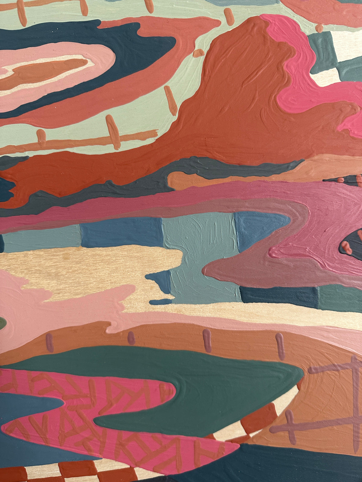 Abstract landscape painting on wood in vintage frame by Russ Rubin - detail view