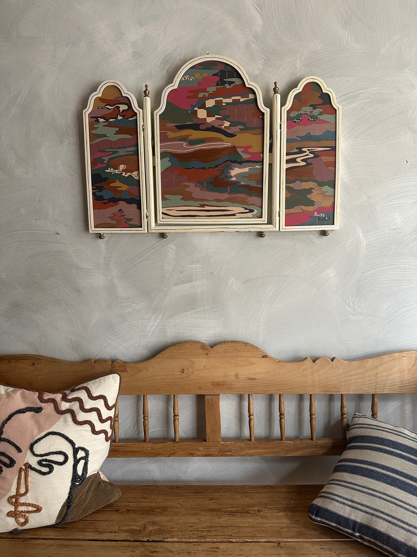 Abstract landscape painting on wood in vintage triptych frame by Russ Rubin - front view on wall 