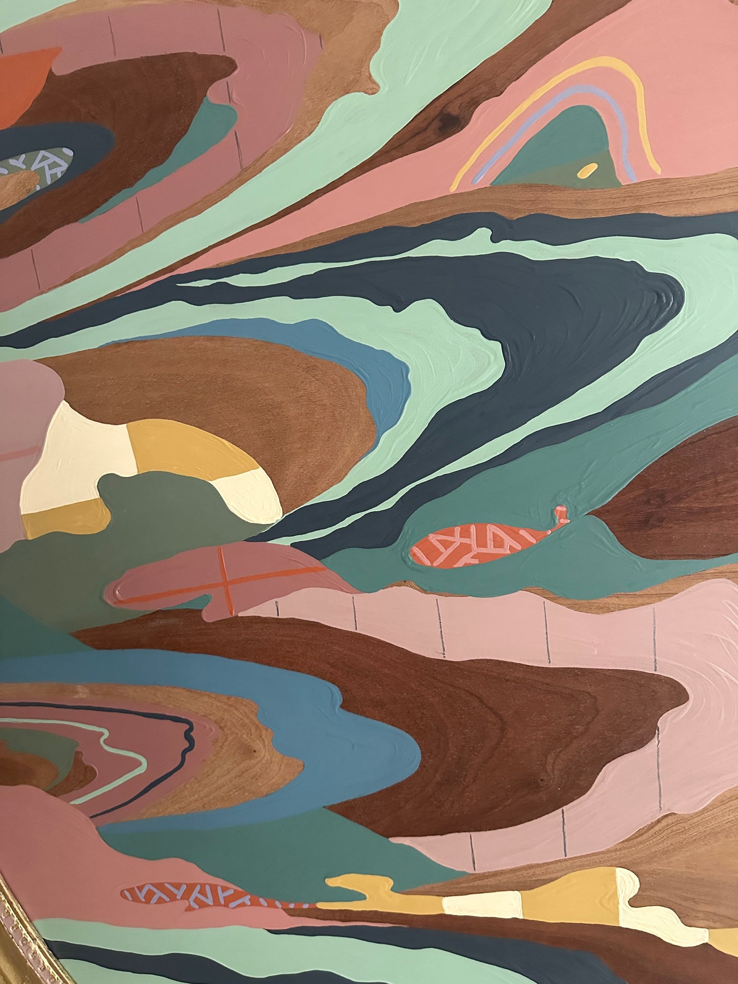 Abstract landscape painting on wood in vintage frame by Russ Rubin - detail view 