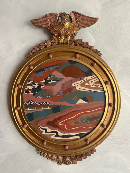 Abstract landscape painting on wood in vintage eagle frame by Russ Rubin - front view on wall 