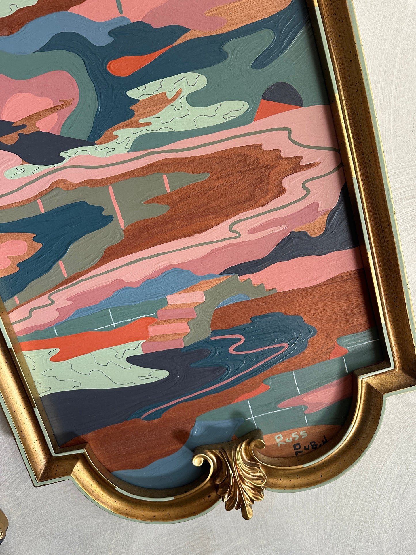 Abstract landscape on wood in vintage frame by Russ Rubin - detail view