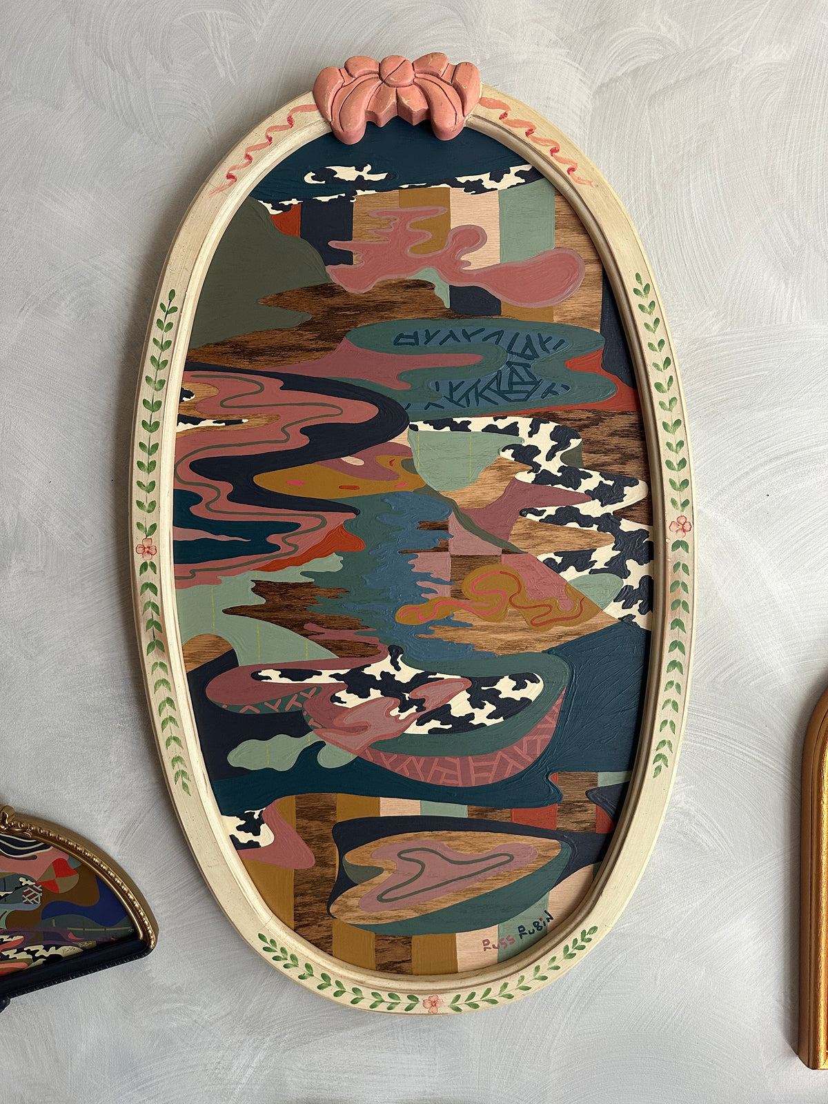 Abstract landscape on wood in vintage frame by Russ Rubin - front view on wall