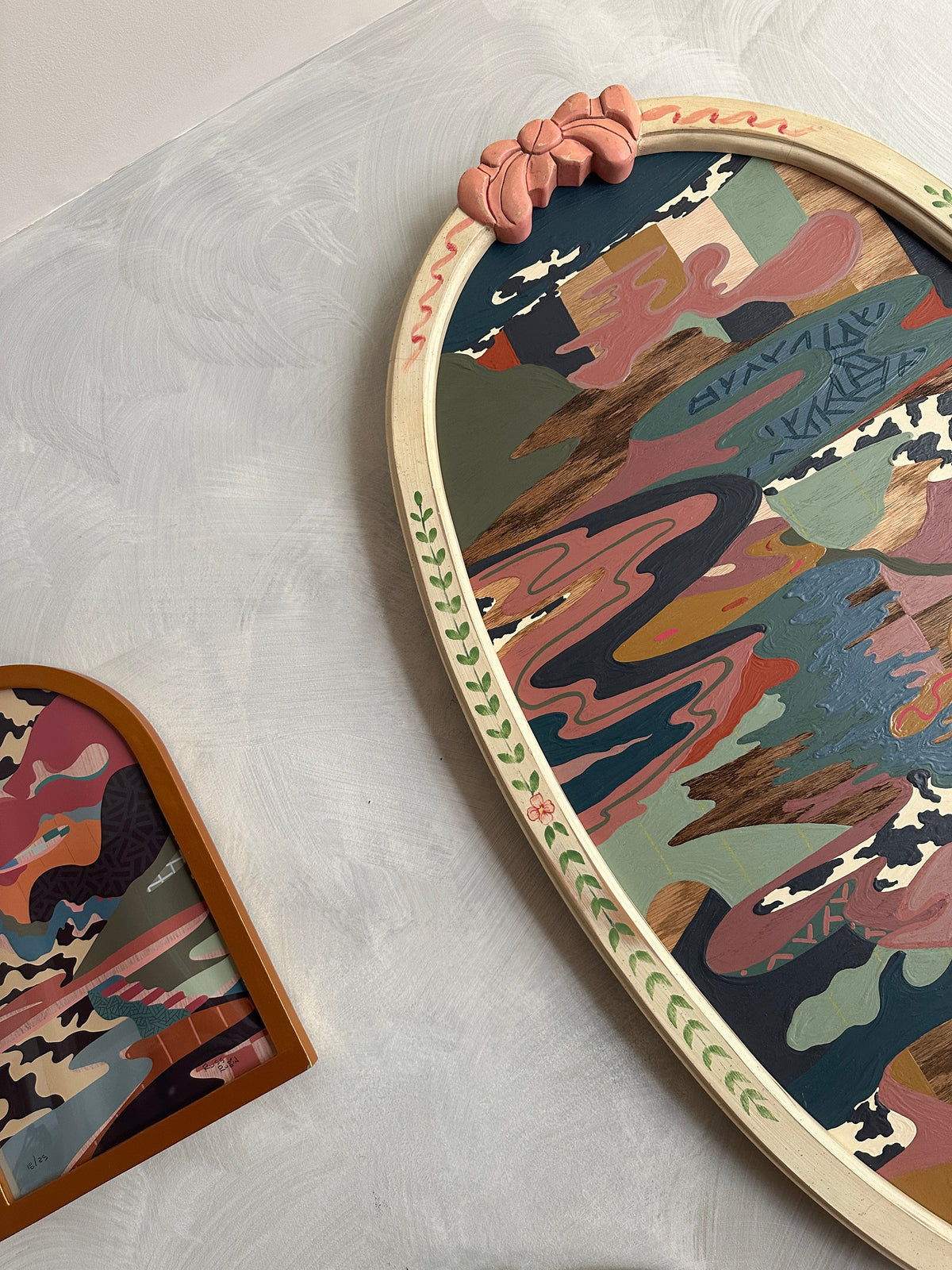 Abstract landscape on wood in vintage frame by Russ Rubin - angle view on wall