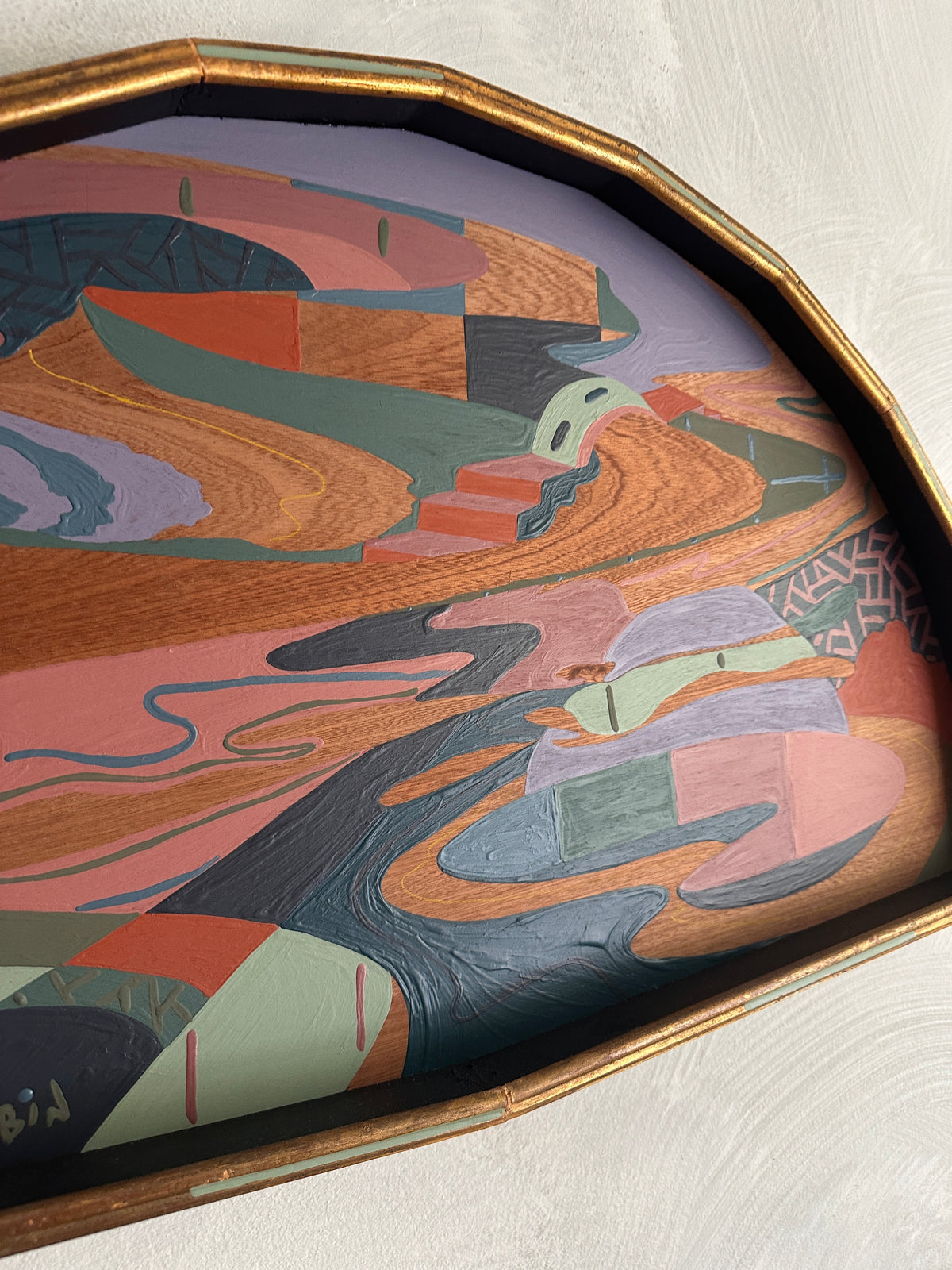 Abstract landscape painting on wood by Russ Rubin - angle detail