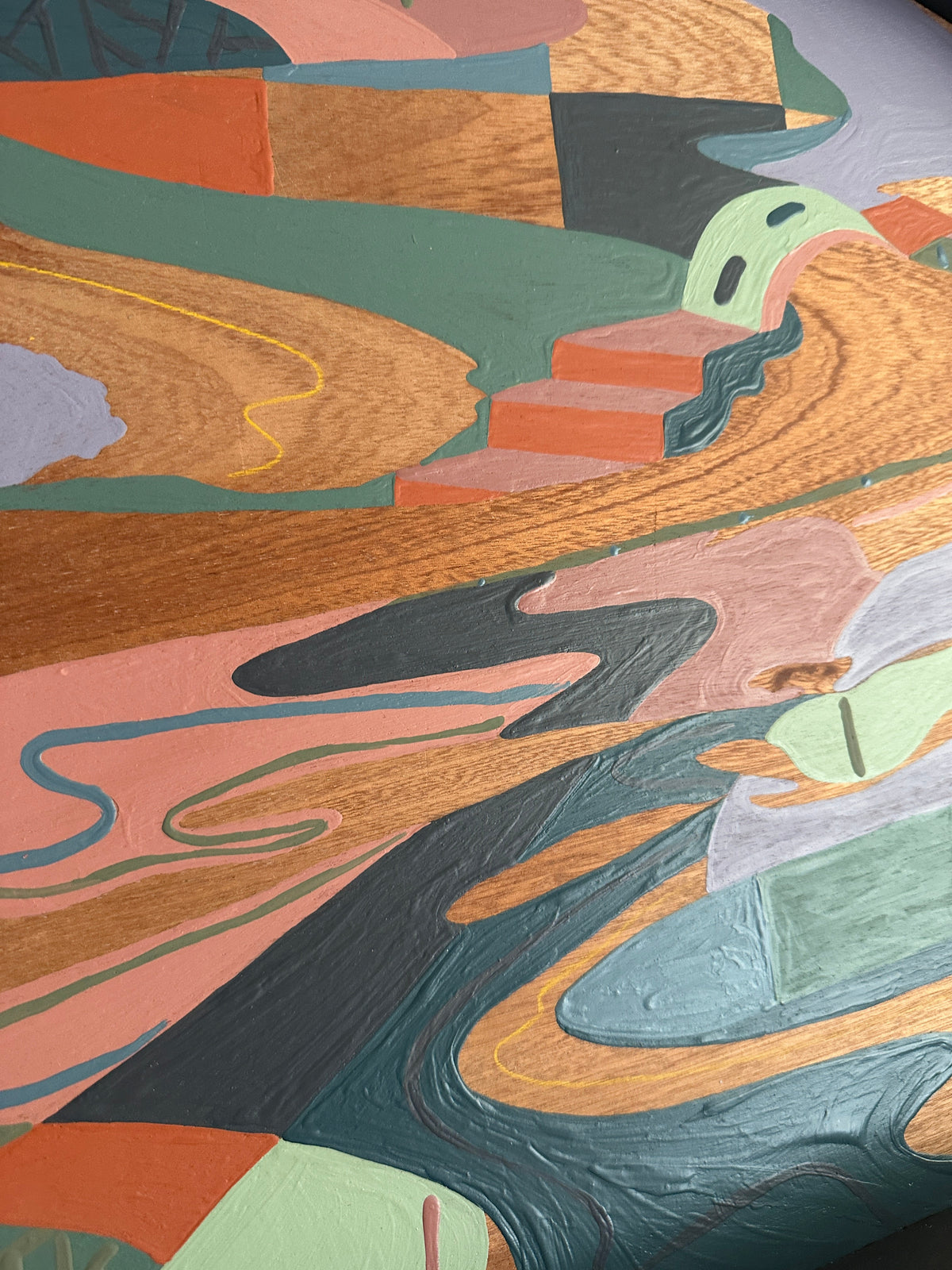 Abstract landscape painting on wood by Russ Rubin - close detail