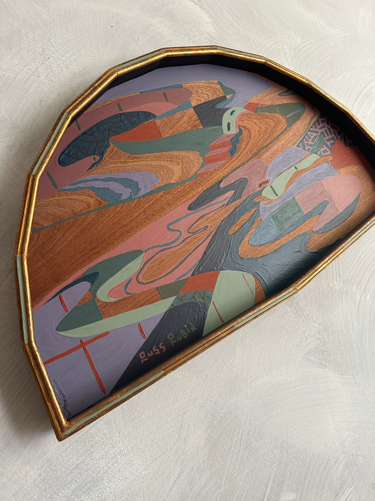 Abstract landscape painting on wood in fan shaped frame by Russ Rubin - angle view