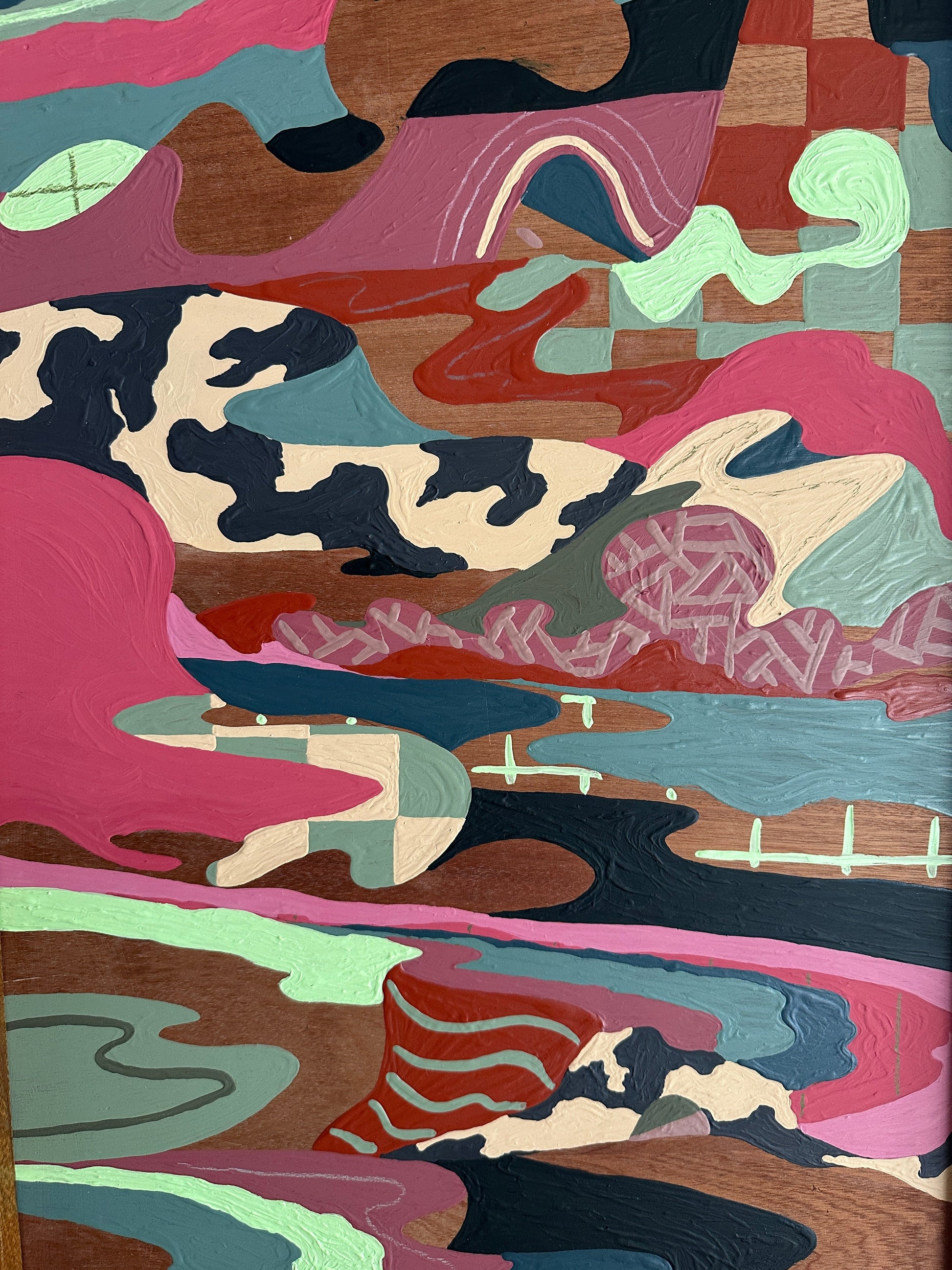 Abstract landscape painting on wood in vintage frame by Russ Rubin - detail view 