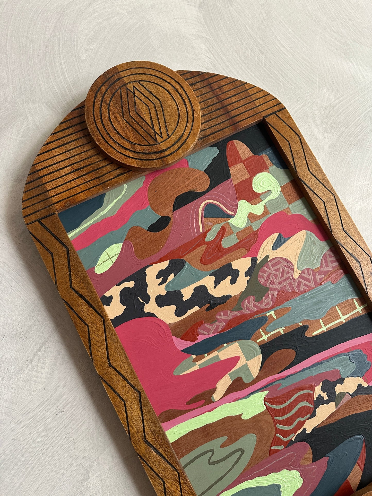 Abstract landscape painting on wood in vintage frame by Russ Rubin - angle view