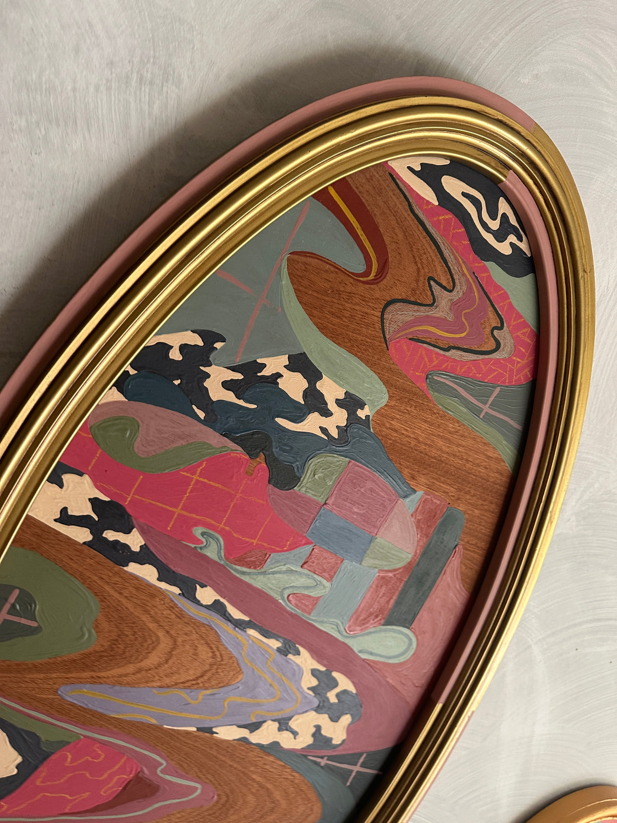 Abstract landscape painting on wood in vintage frame by Russ Rubin - angle detail view on wall