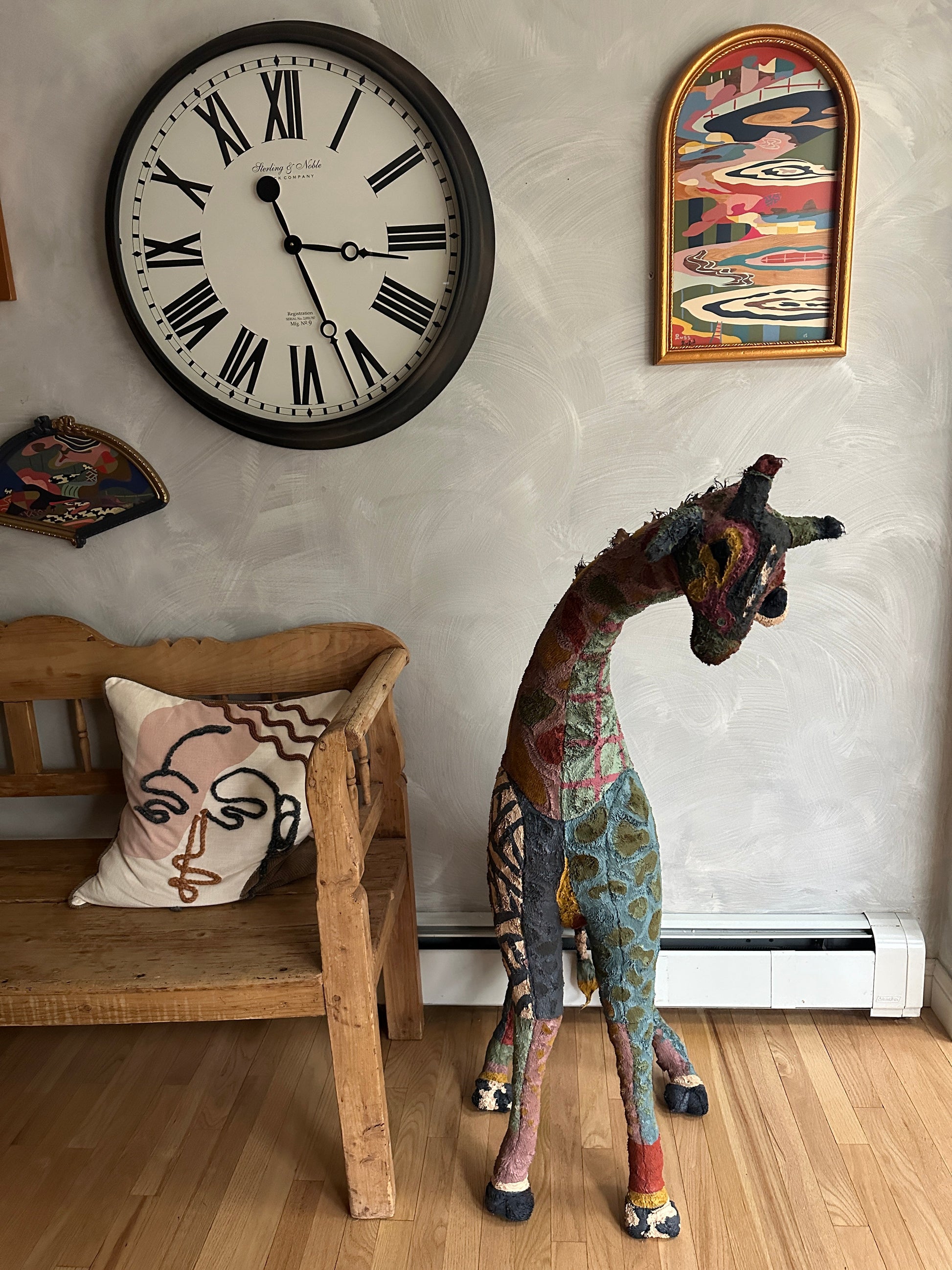 Hand painted large Giraffe stuffed animal sculpture by Russ Rubin - front view