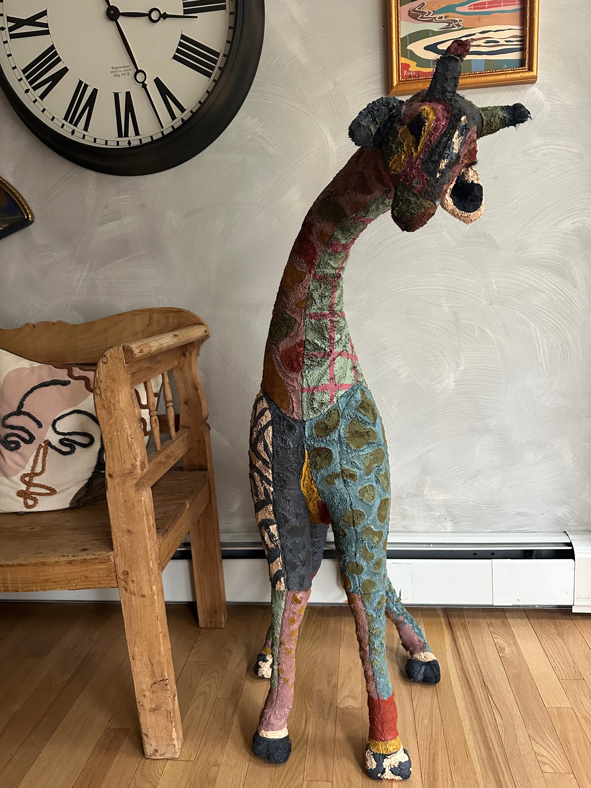 Hand painted large Giraffe stuffed animal sculpture by Russ Rubin - front view