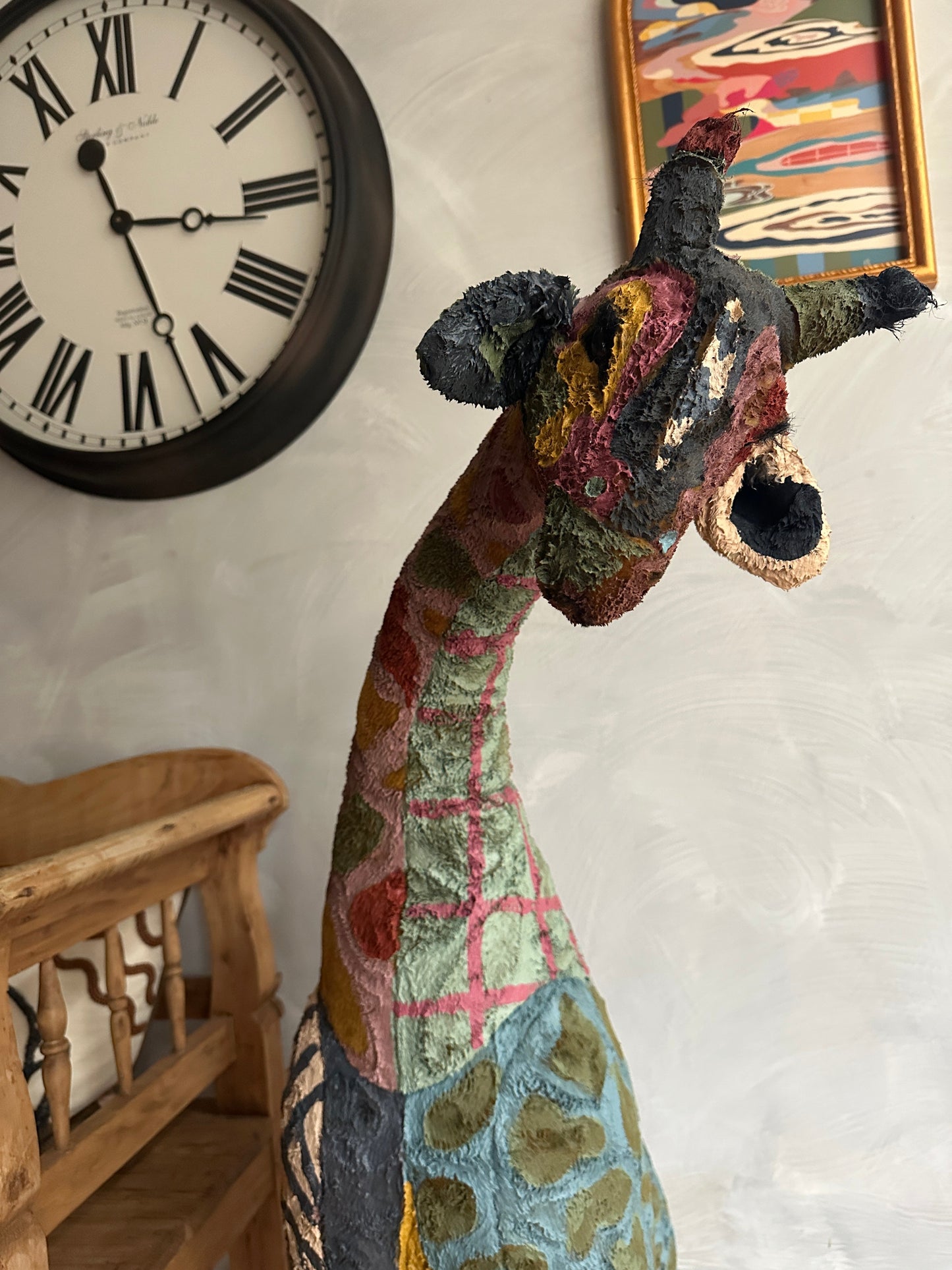 Hand painted large Giraffe stuffed animal sculpture by Russ Rubin - head detail view