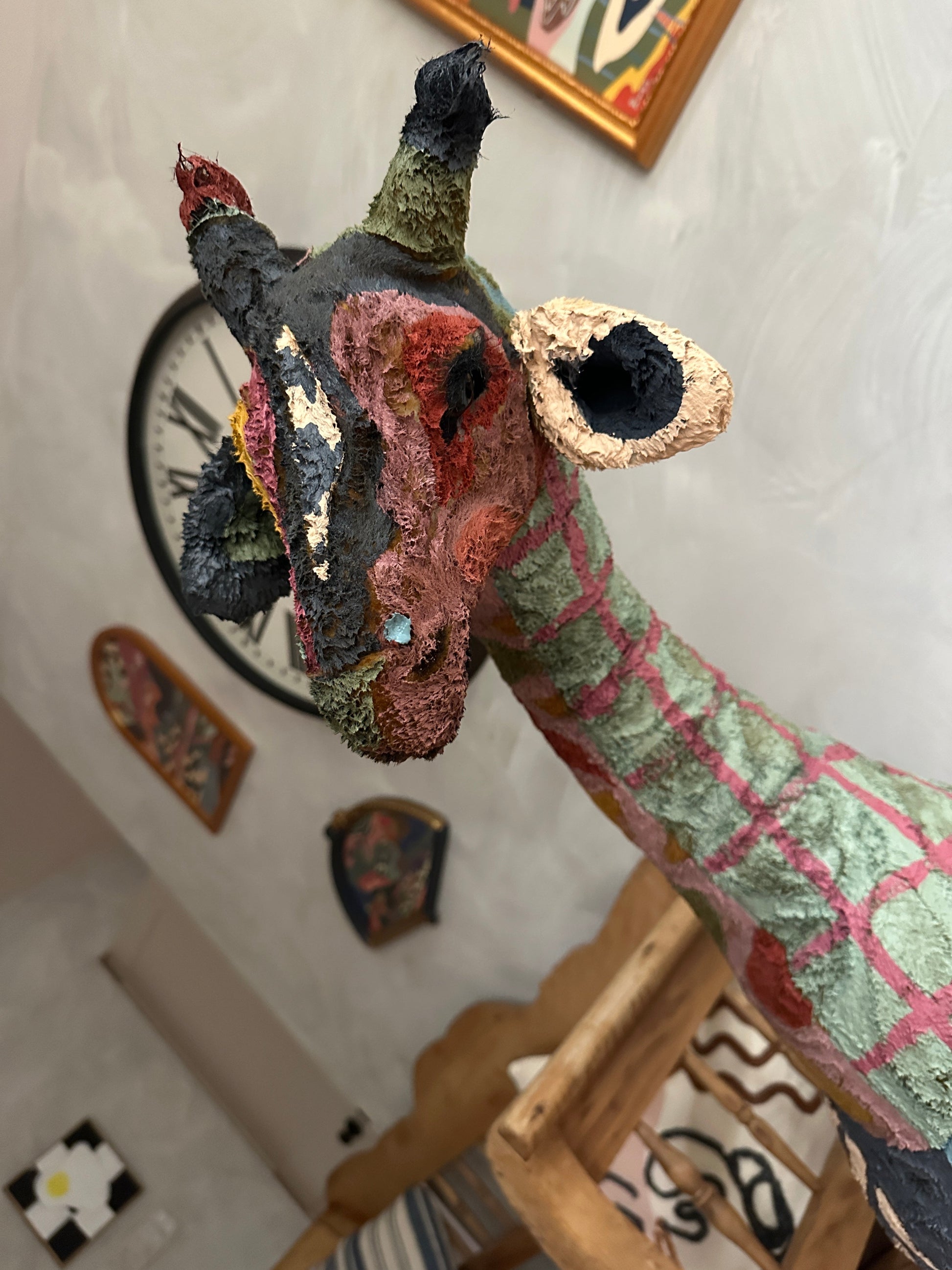 Hand painted large Giraffe stuffed animal sculpture by Russ Rubin - head detail angle view