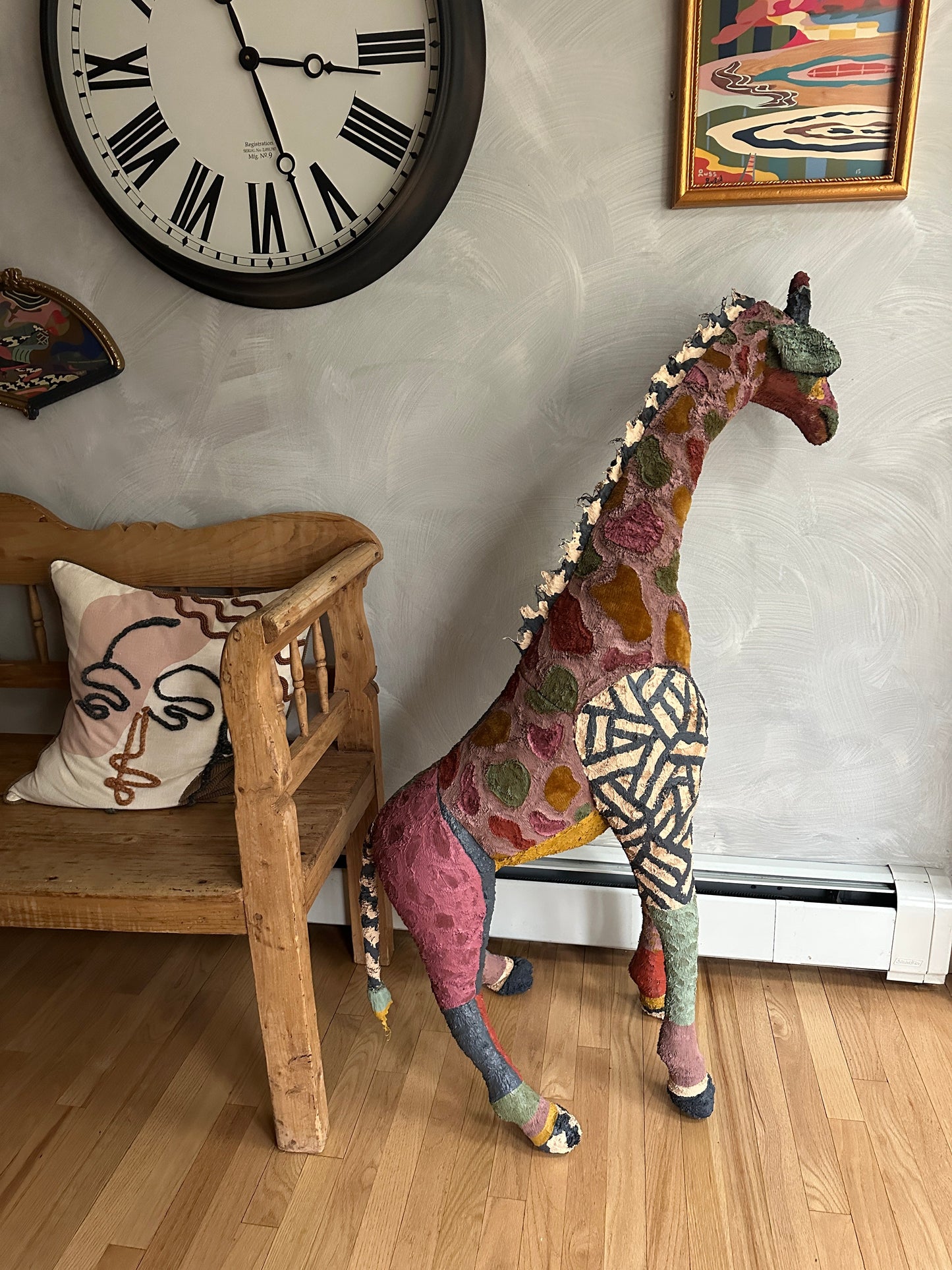 Hand painted large Giraffe stuffed animal sculpture by Russ Rubin - side view