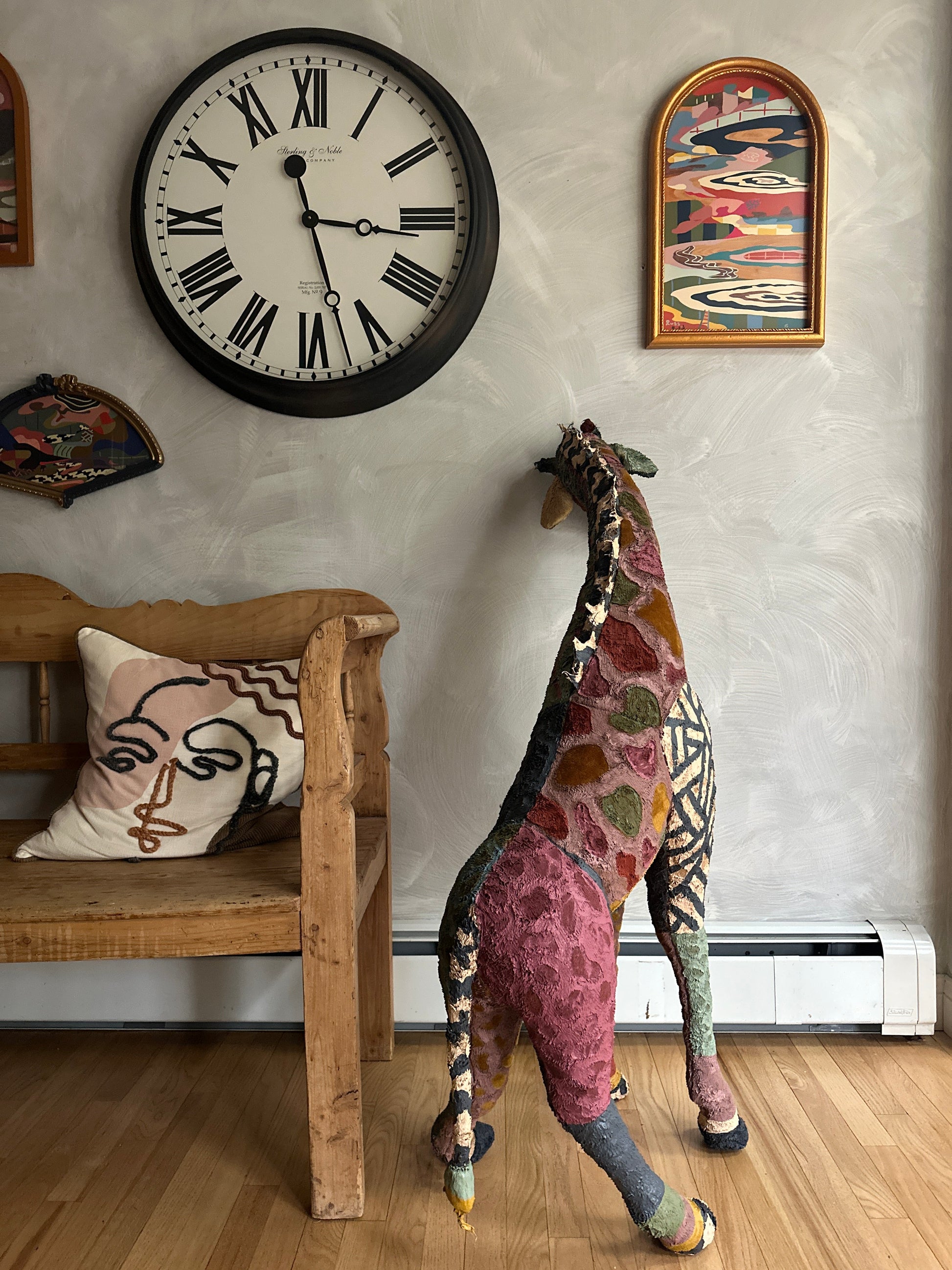 Hand painted large Giraffe stuffed animal sculpture by Russ Rubin - back angle view
