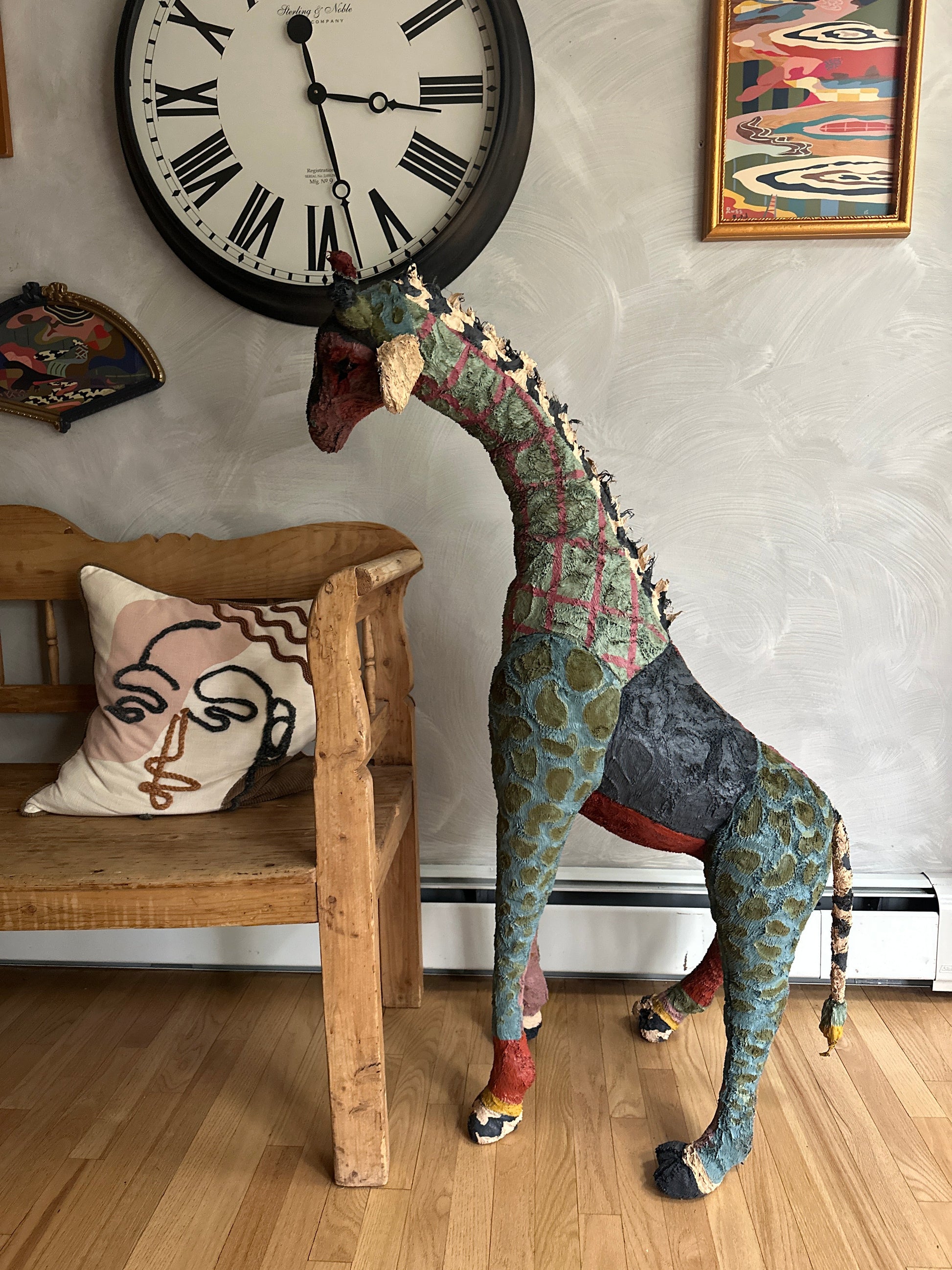 Hand painted large Giraffe stuffed animal sculpture by Russ Rubin - side view