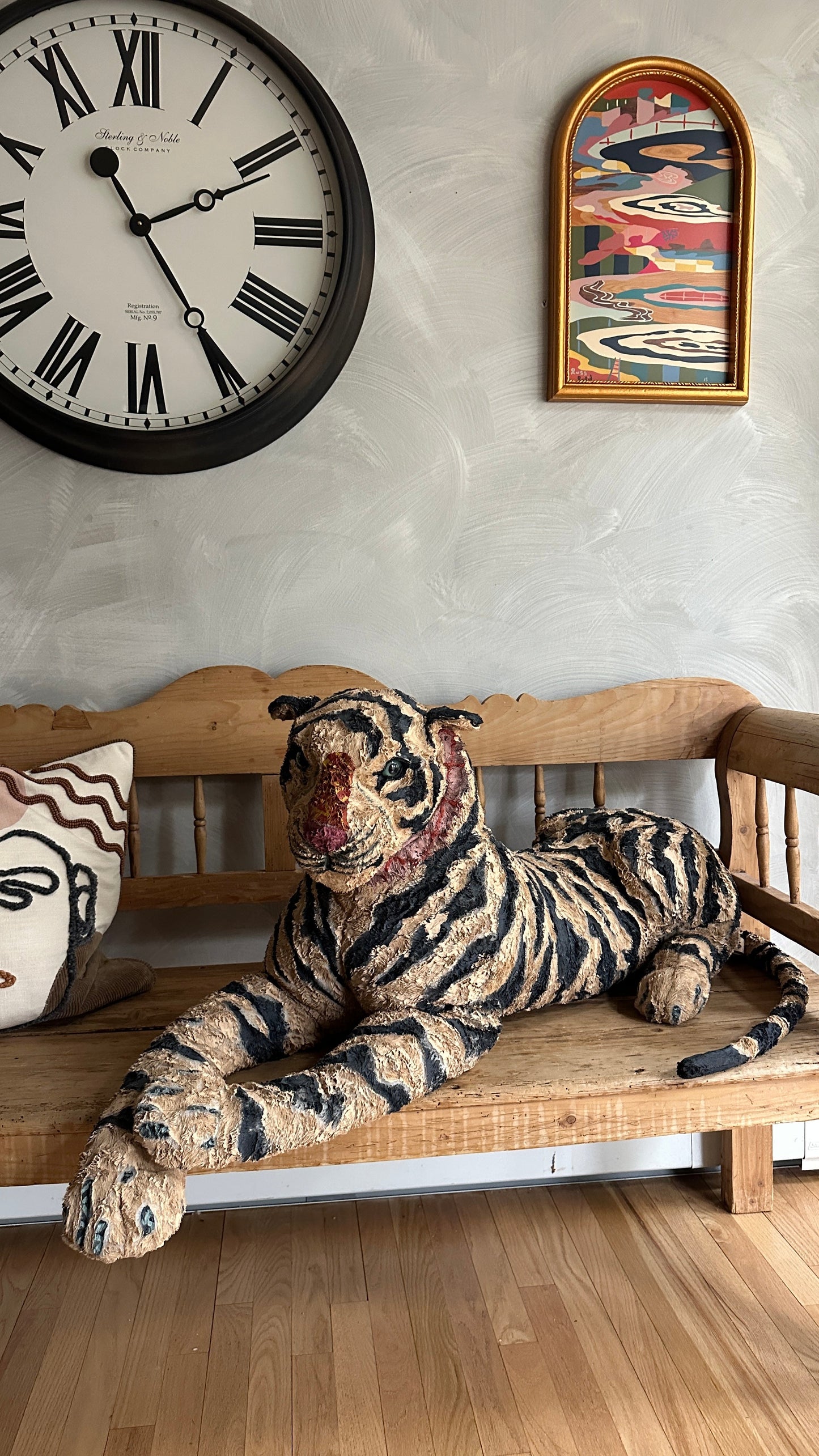 Hand painted large Tiger stuffed animal sculpture by Russ Rubin - angle view