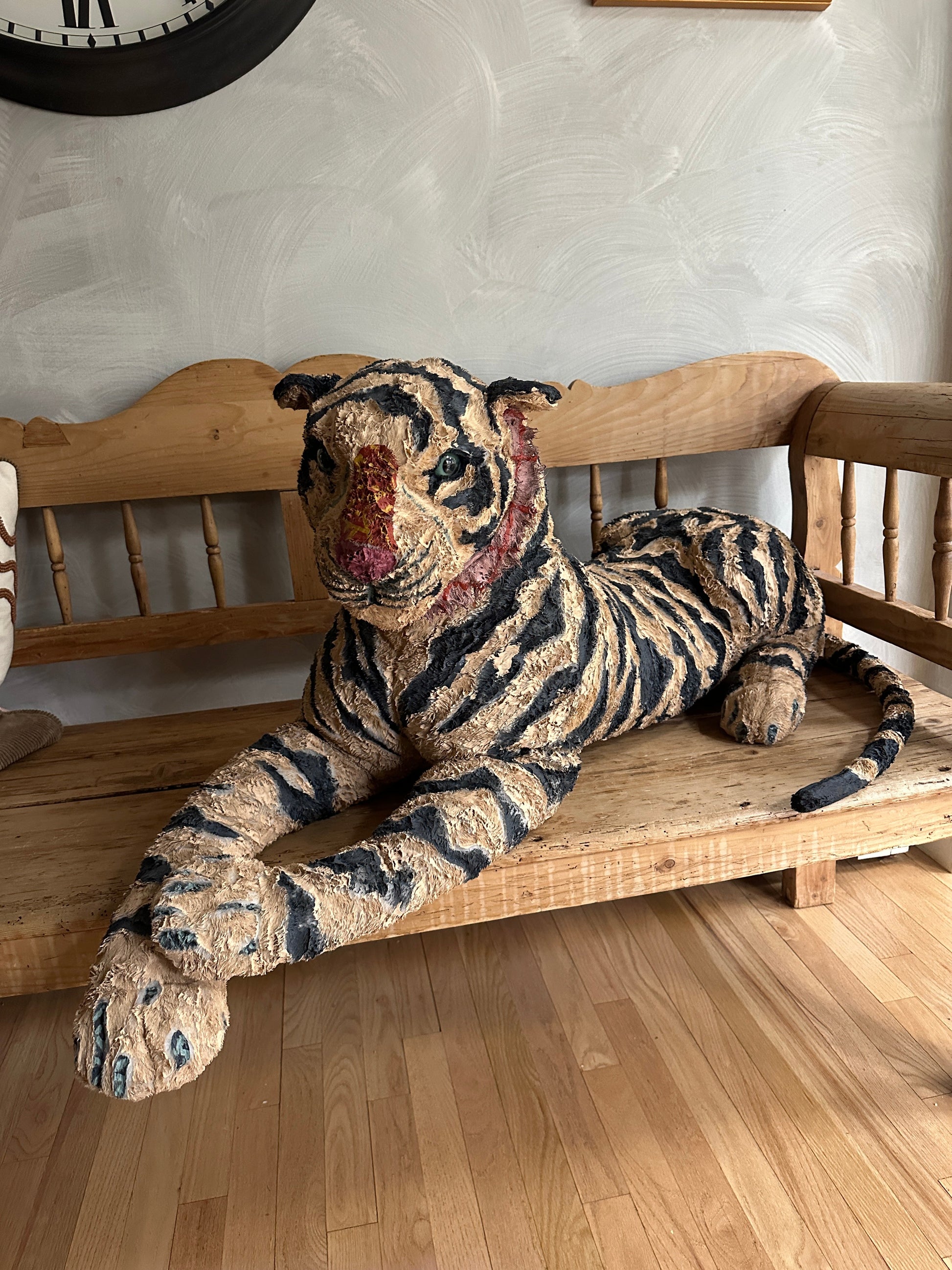 Hand painted large Tiger stuffed animal sculpture by Russ Rubin - angle view