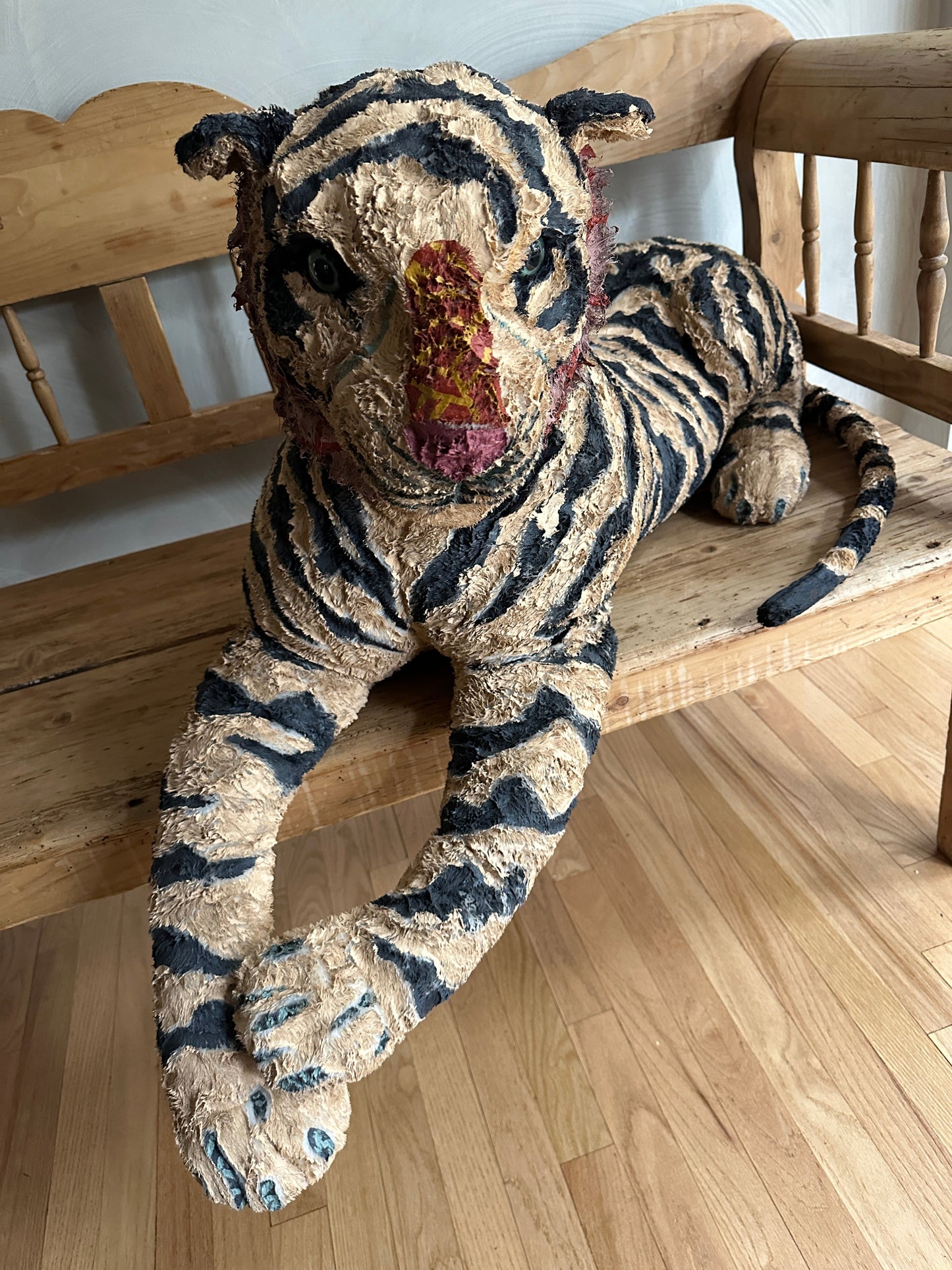Hand painted large Tiger stuffed animal sculpture by Russ Rubin - front view