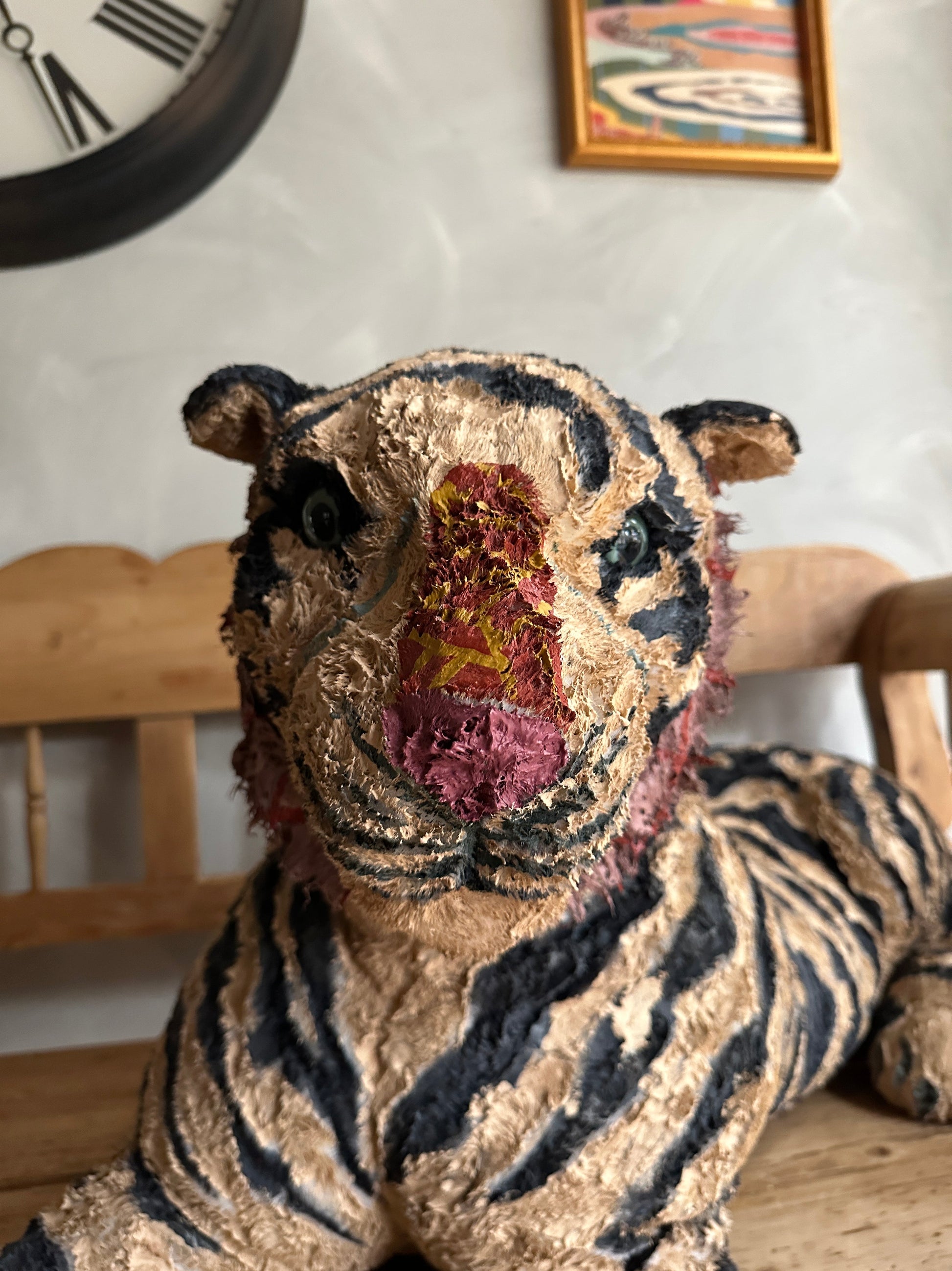 Hand painted large Tiger stuffed animal sculpture by Russ Rubin - front detail view