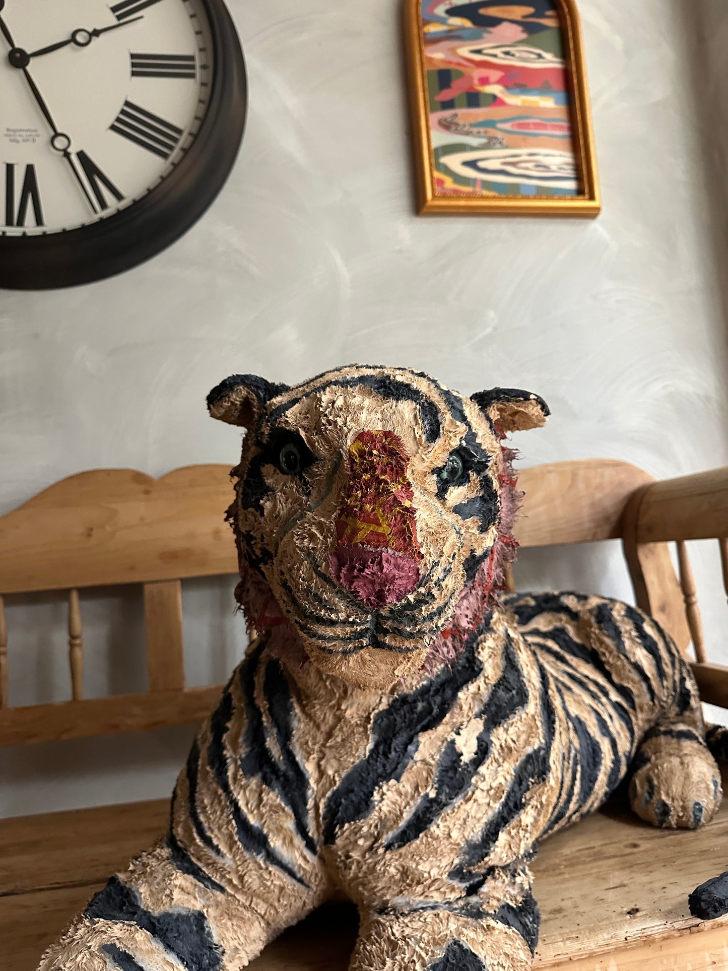 Hand painted large Tiger stuffed animal sculpture by Russ Rubin - head detail view