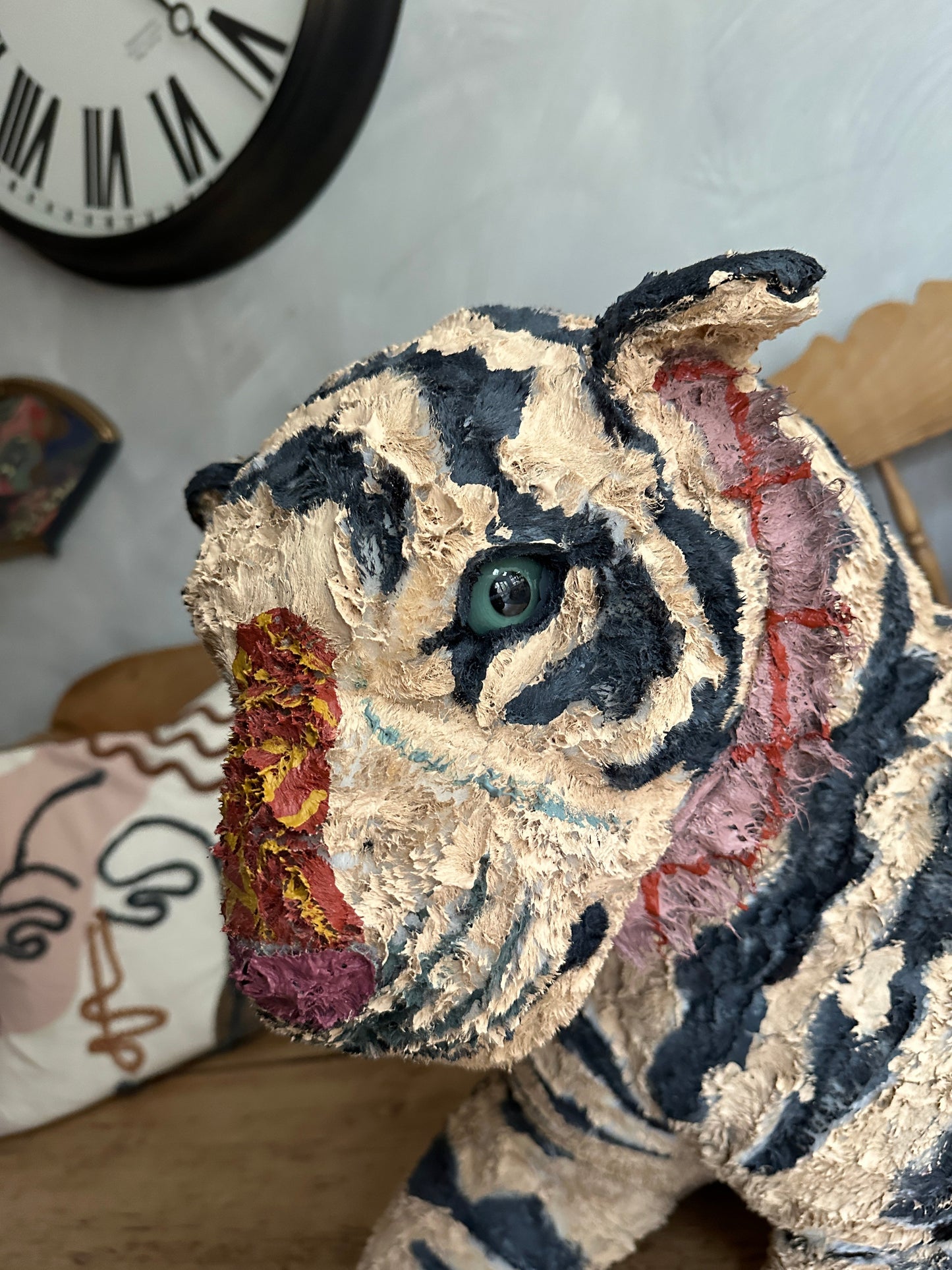 Hand painted large Tiger stuffed animal sculpture by Russ Rubin - head detail view