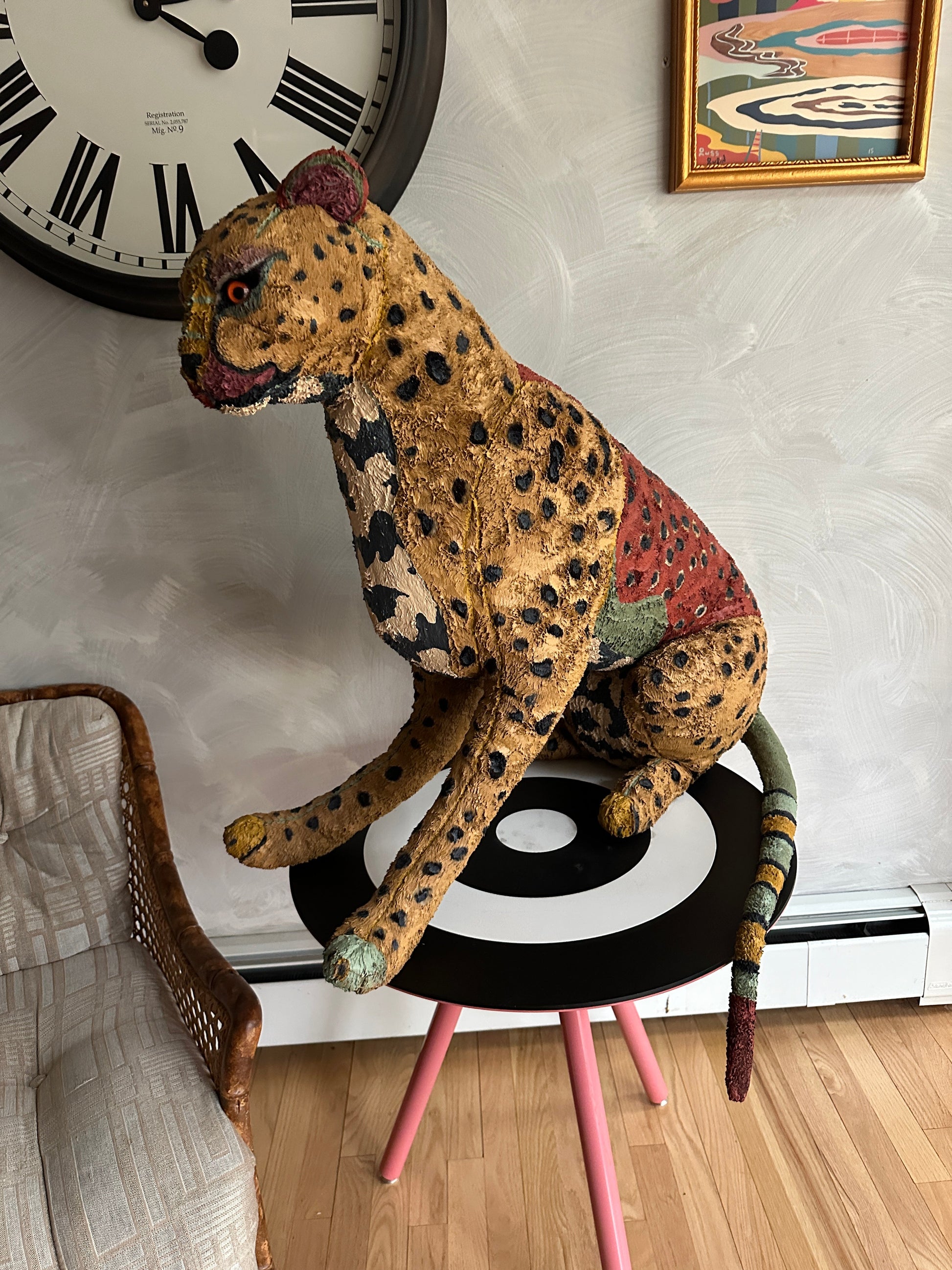 Hand painted large Cheetah stuffed animal sculpture by Russ Rubin - side view