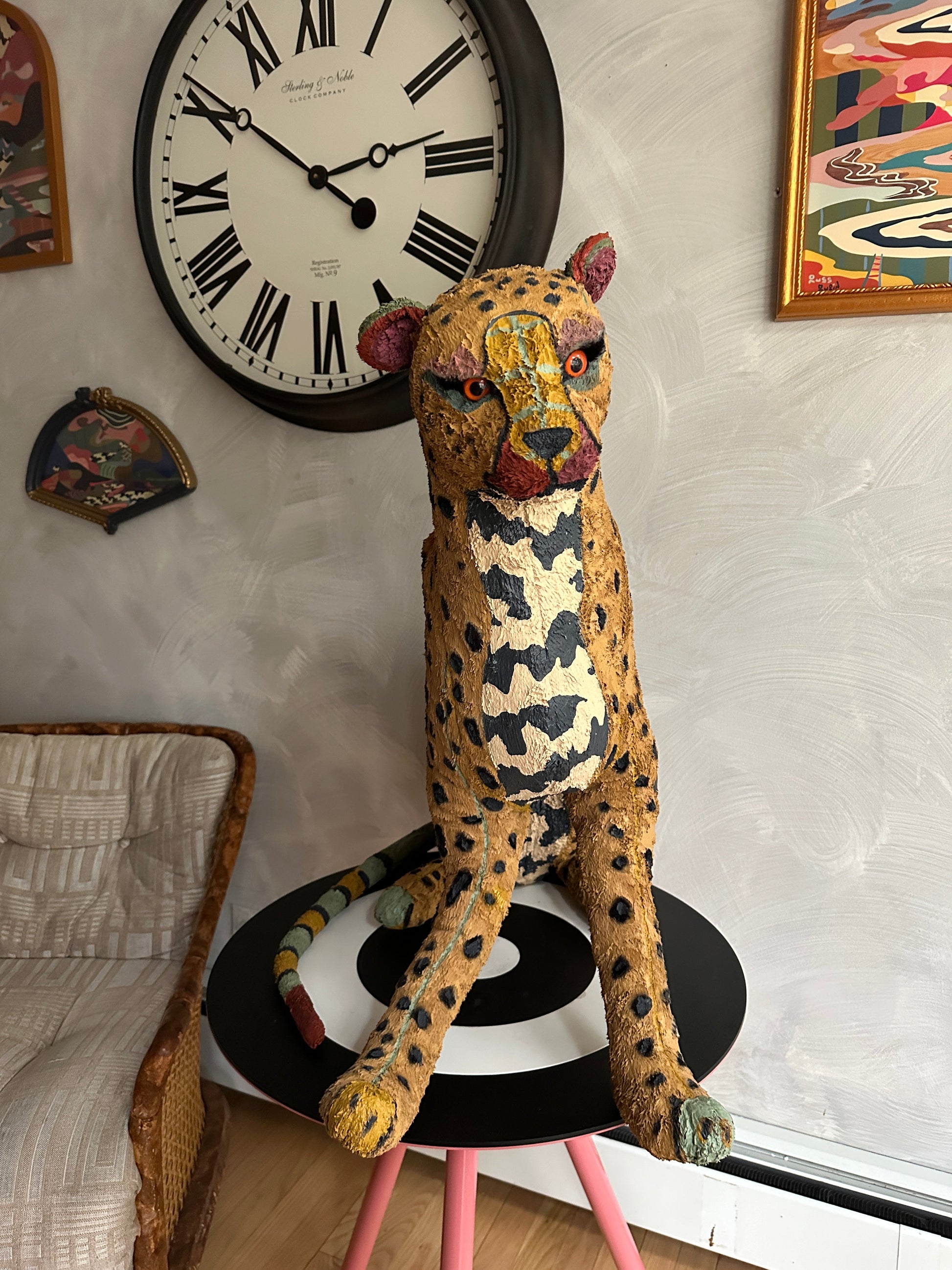 Hand painted large Cheetah stuffed animal sculpture by Russ Rubin - front view