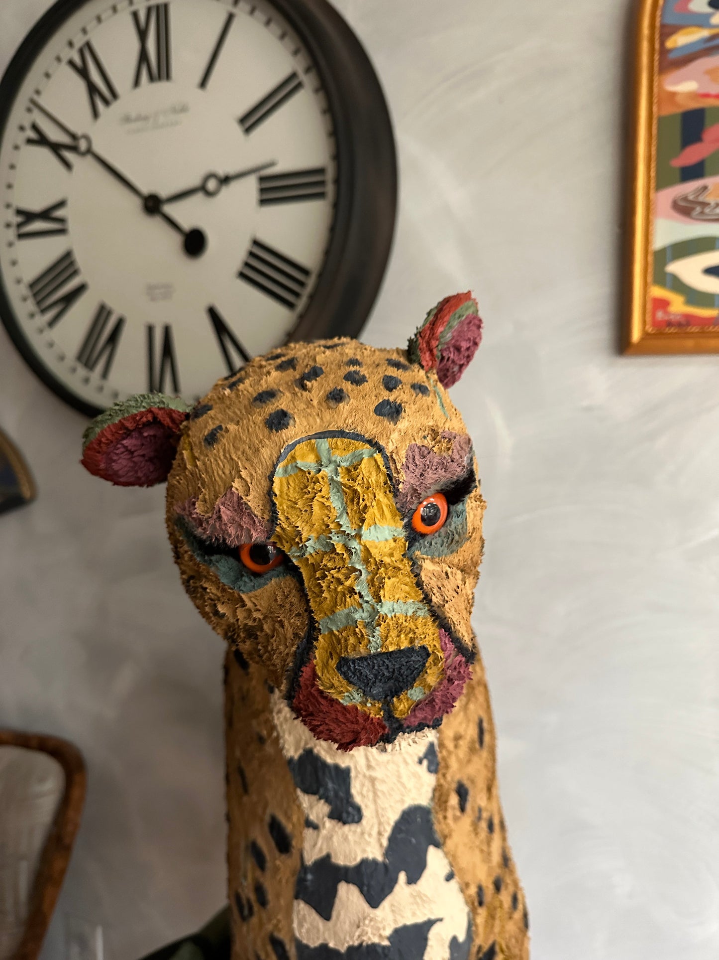 Hand painted large Cheetah stuffed animal sculpture by Russ Rubin - head detail view