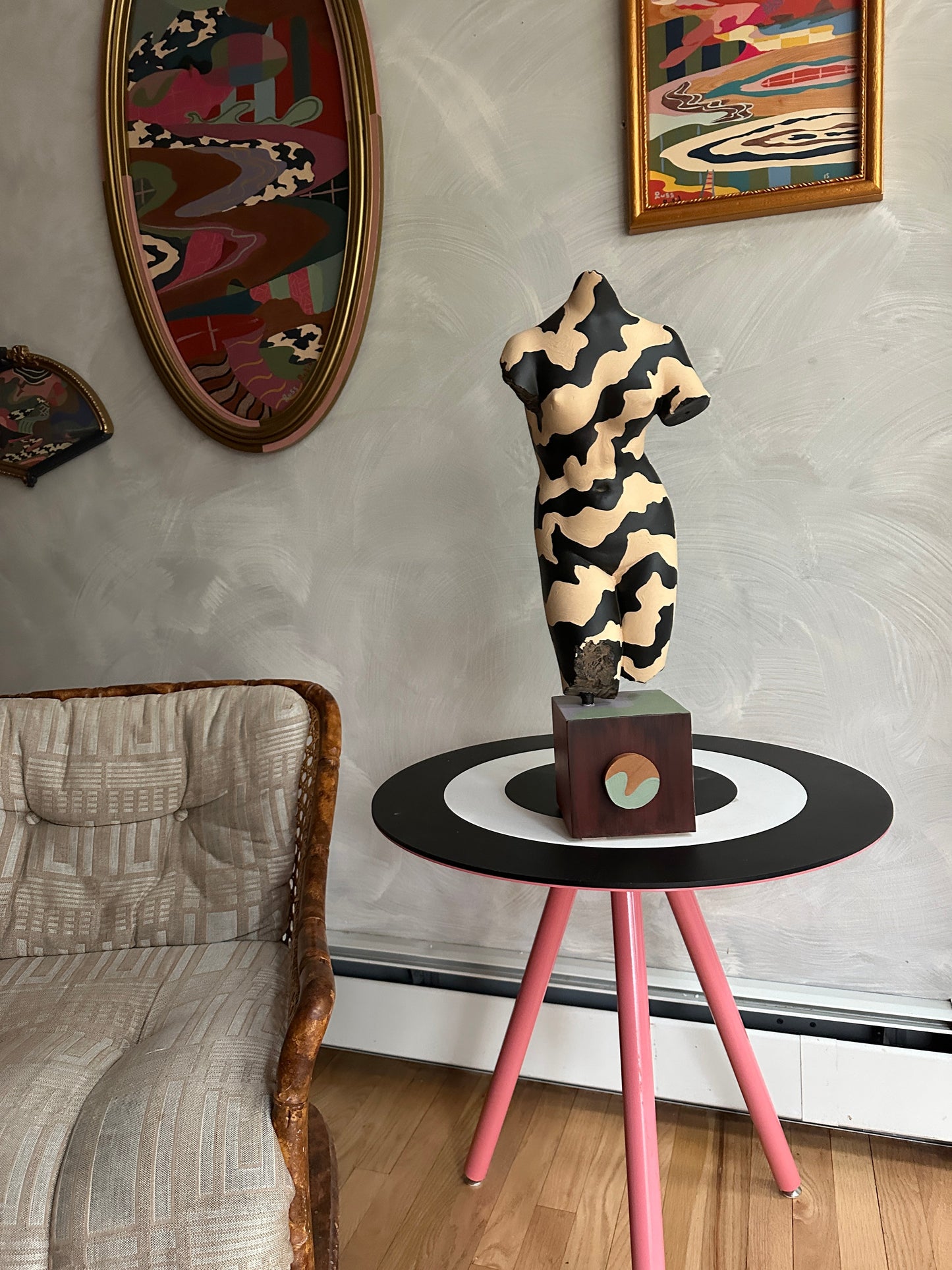 Hand painted female torso sculpture by Russ Rubin - front view