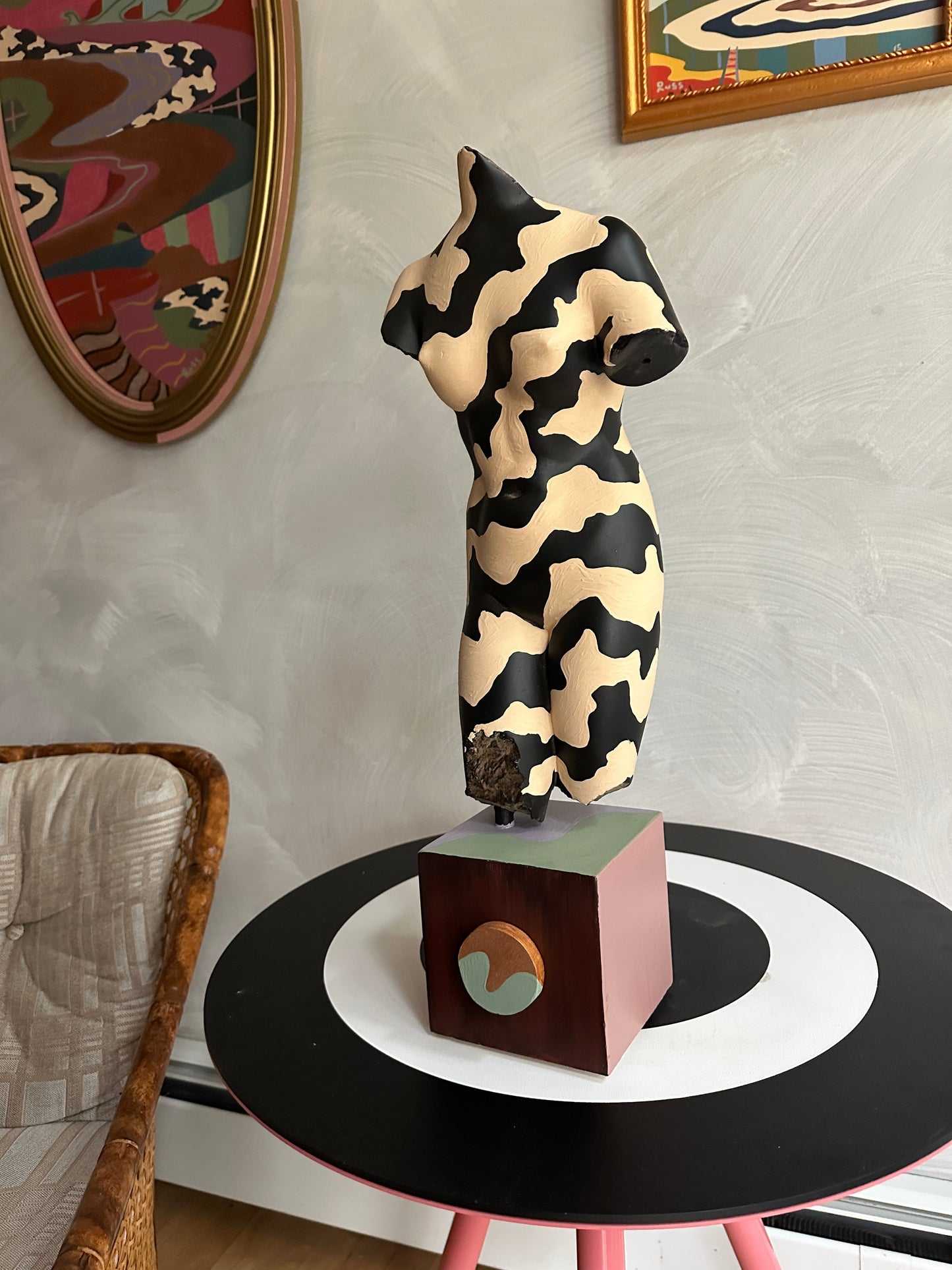 Hand painted female torso sculpture by Russ Rubin - angle view