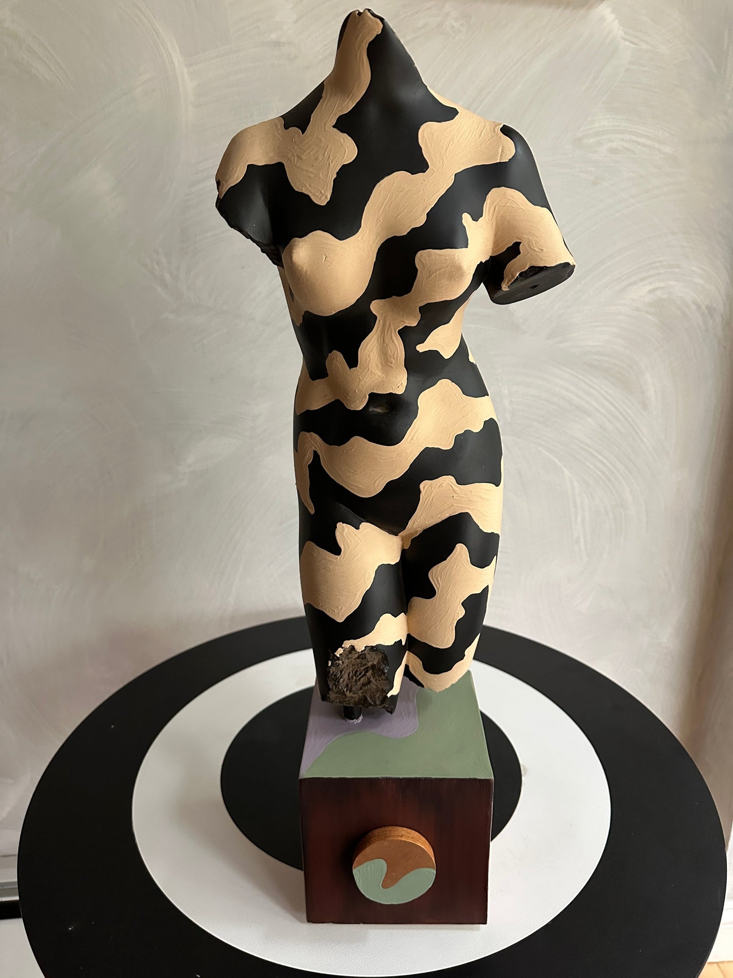 Hand painted female torso sculpture by Russ Rubin - front view