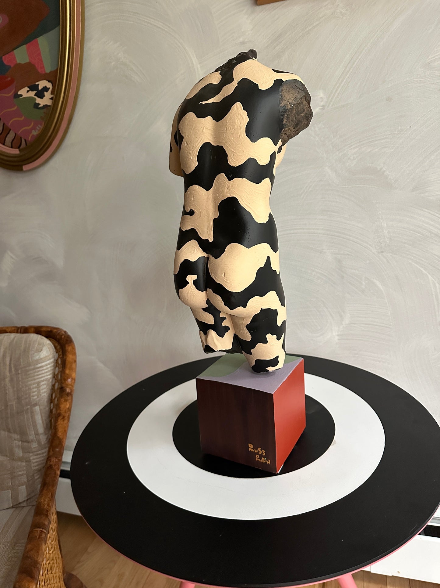 Hand painted female torso sculpture by Russ Rubin - back angle view