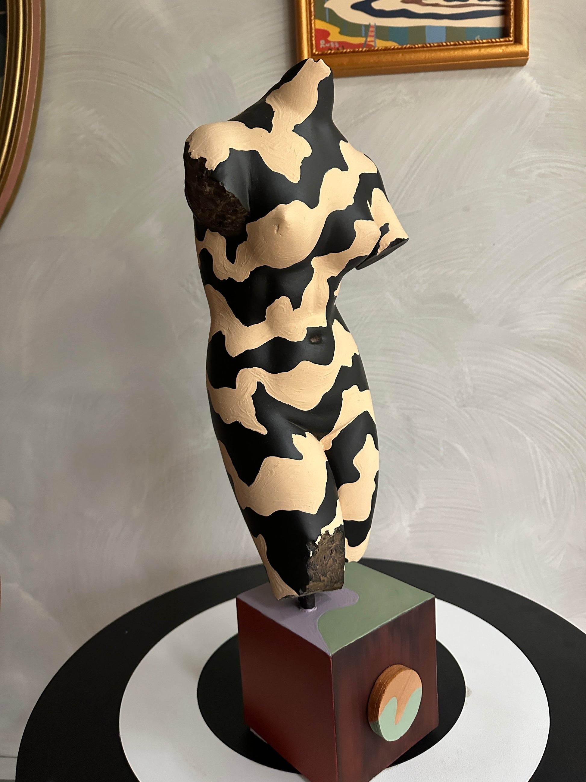 Hand painted female torso sculpture by Russ Rubin - angle view