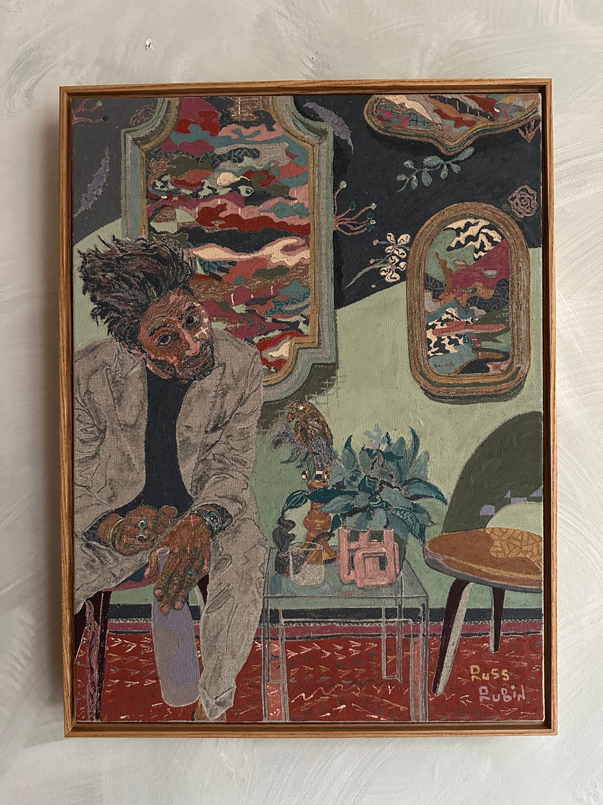 Self portrait on linen by Russ Rubin - front view on wall