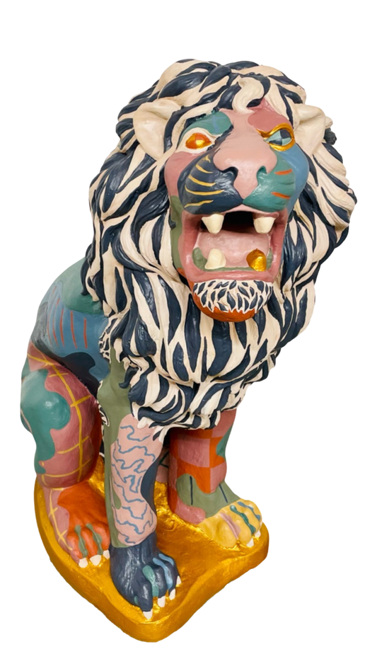 Hand painted stoop lion sculpture by Russ Rubin