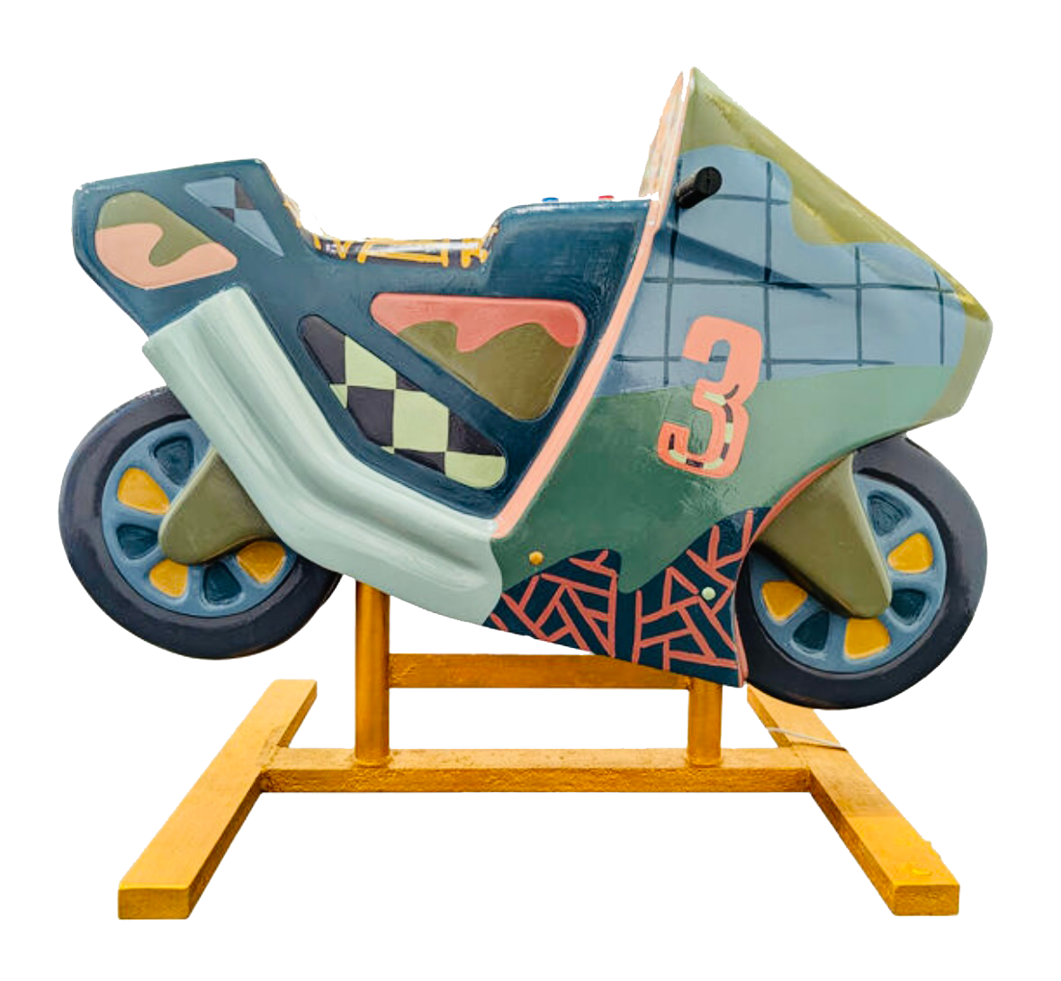 Hand painted motorcycle kiddie ride by Russ Rubin - side view