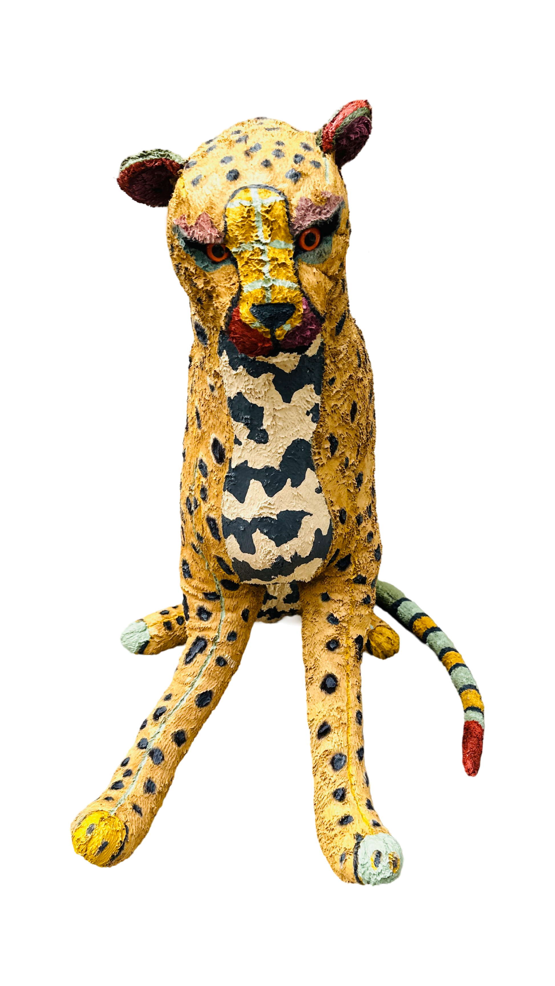 Hand painted large Cheetah stuffed animal sculpture by Russ Rubin - front view
