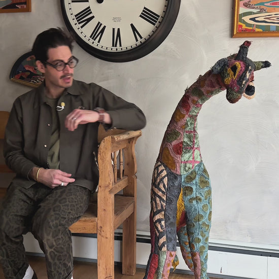 Video of Russ Rubin discussing his hand painted large Giraffe stuffed animal sculpture